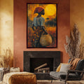 a painting of a woman carrying a basket in a living room