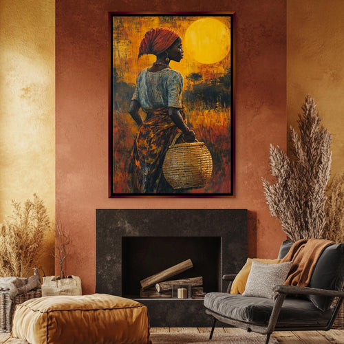 a painting of a woman carrying a basket in a living room