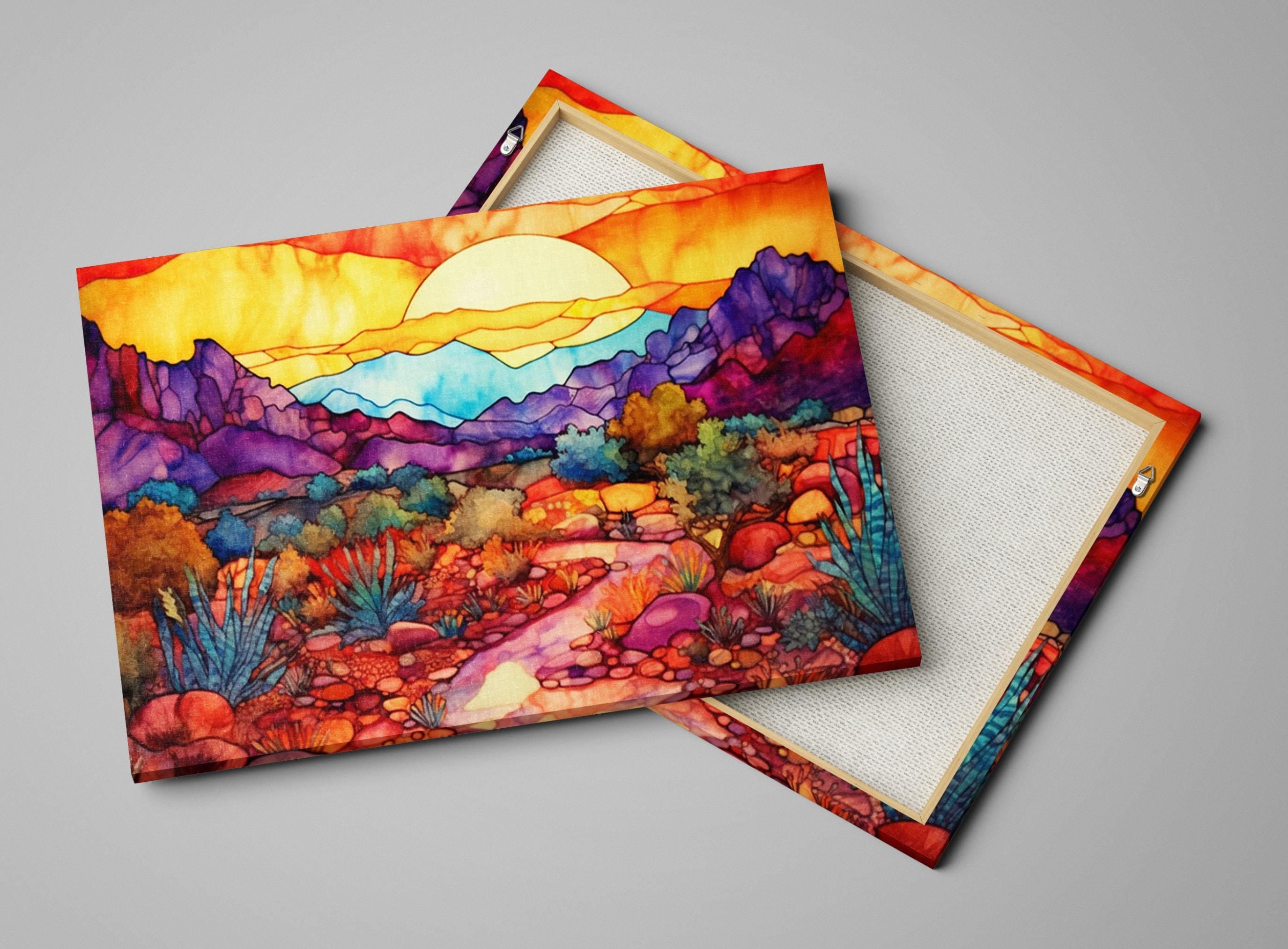 The image is a vibrant, colorful painting depicting a desert landscape with mountains, cacti, and a bright sun in the sky.