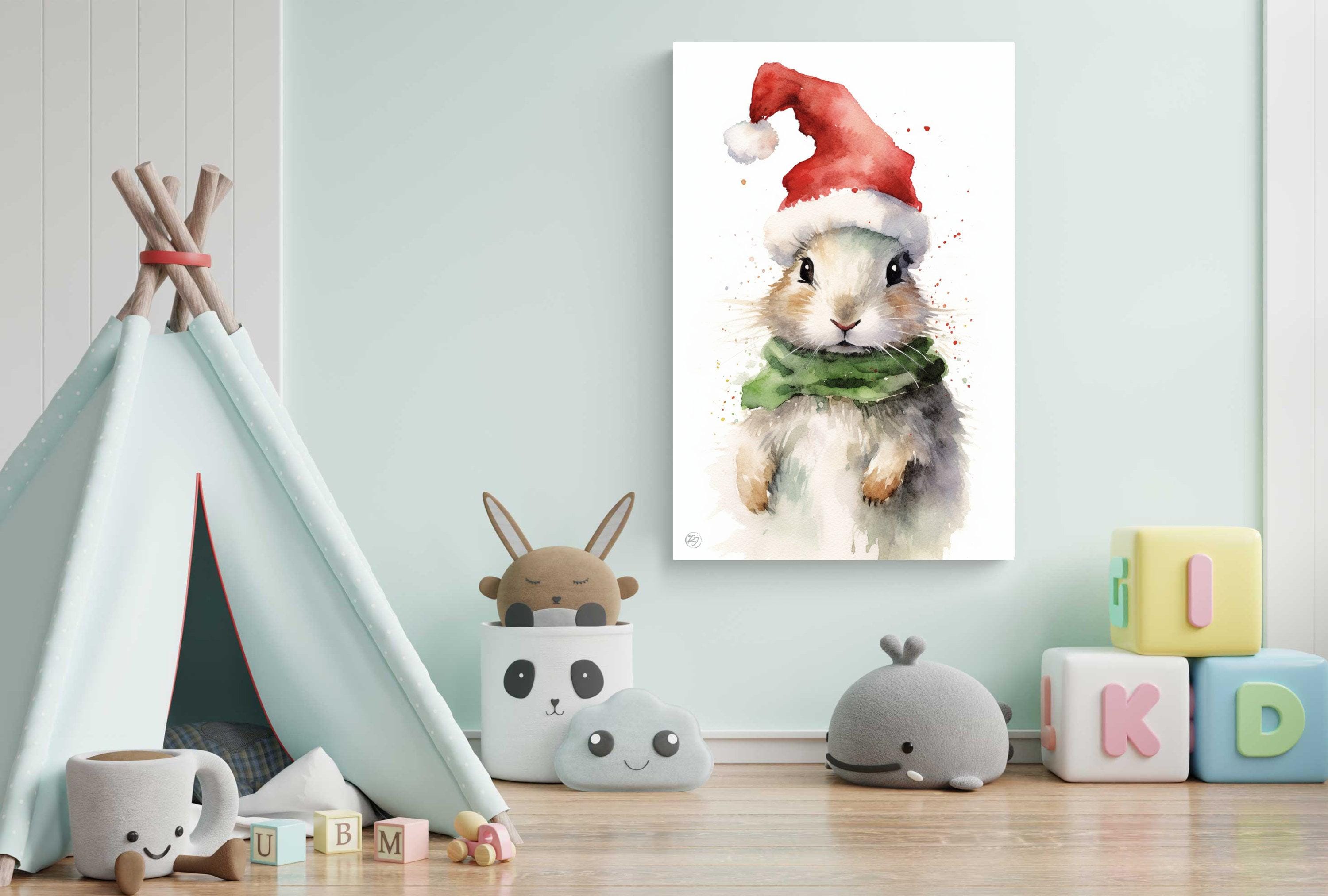 Festive Bunny in Santa Hat Watercolor Art Print, Giclee Print on Canvas, Artist Paper, Watercolor Paper, Available in Extra Large Sizes