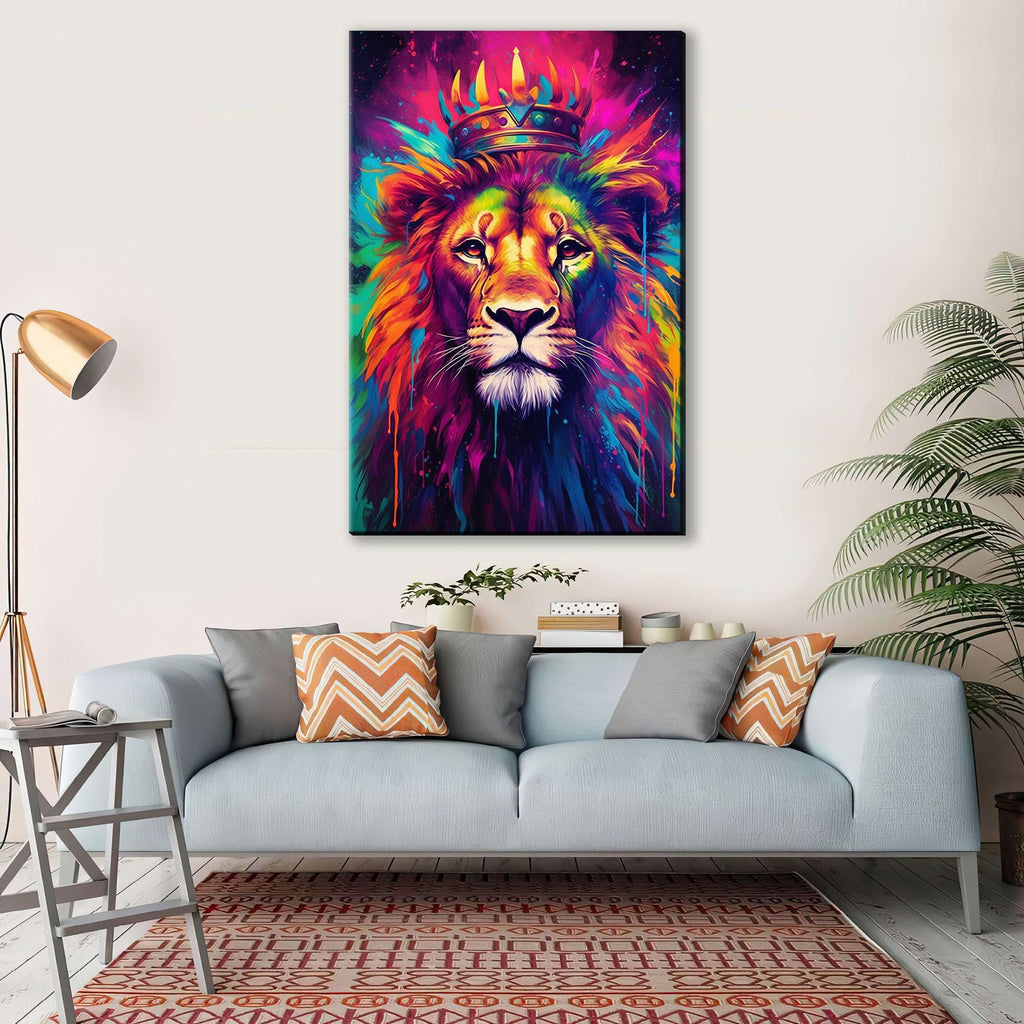 Lion Canvas Wall Art - Majestic Crown Lion Painting on Large Gallery Wrapped Canvas