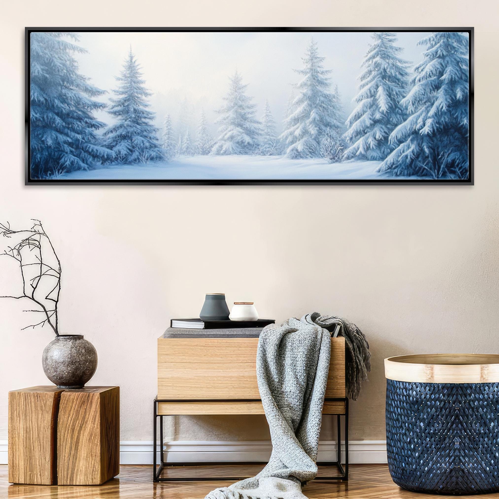 a living room with a painting on the wall