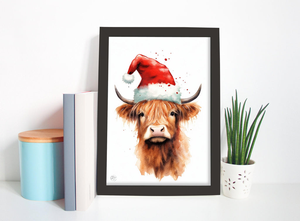 Cute Baby Highland Cow in Santa Hat Watercolor Art, Giclee Print on Canvas, Artist Paper, Watercolor Paper, Available in Extra Large Sizes