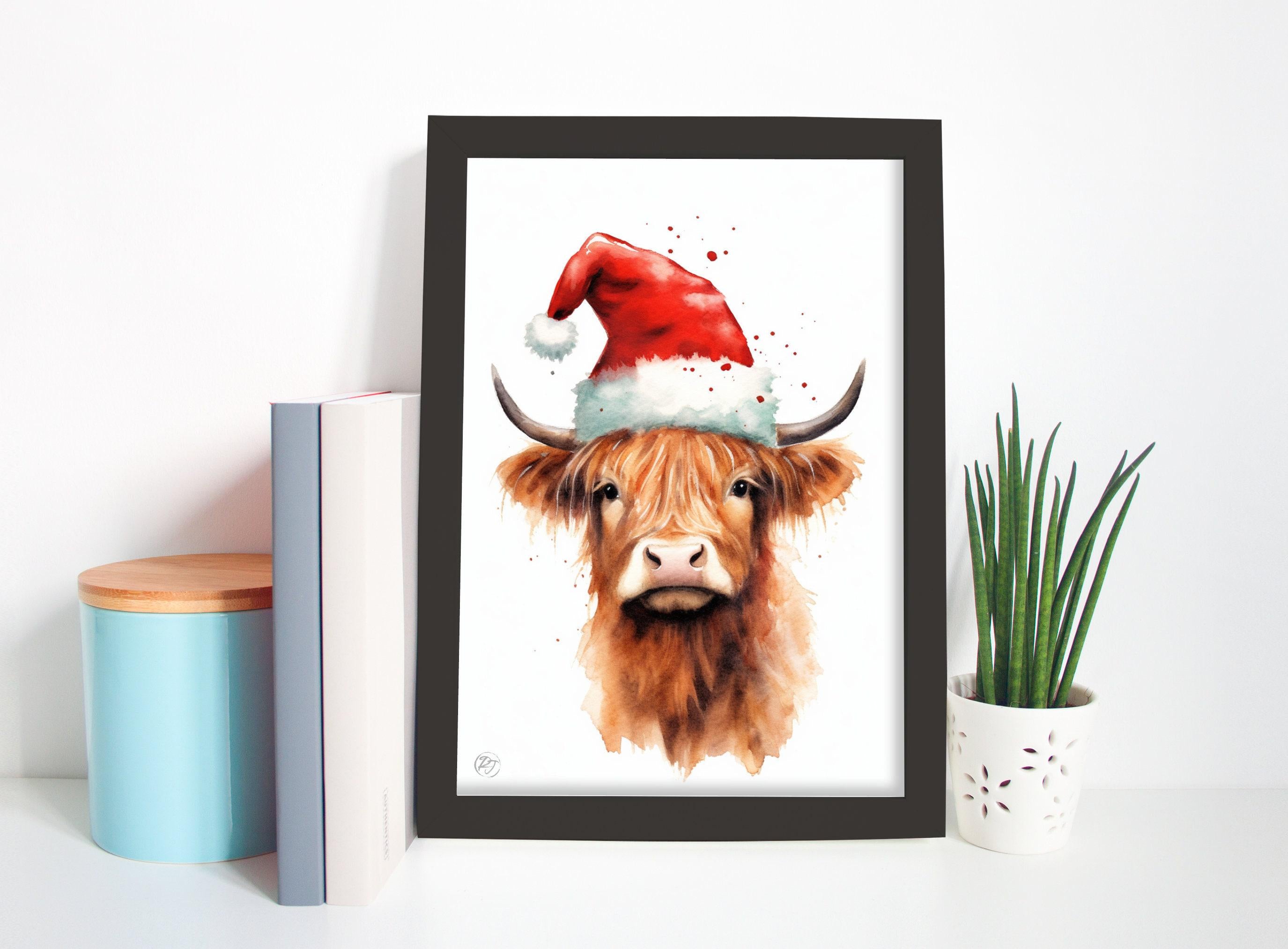 Cute Baby Highland Cow in Santa Hat Watercolor Art, Giclee Print on Canvas, Artist Paper, Watercolor Paper, Available in Extra Large Sizes