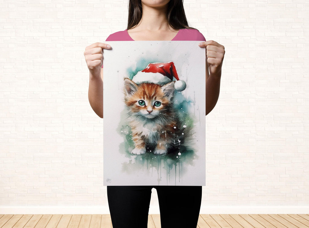 Festive Kitten in Santa Hat Watercolor Art Print, Giclee Print on Canvas, Artist Paper, Watercolor Paper, Available in Extra Large Sizes