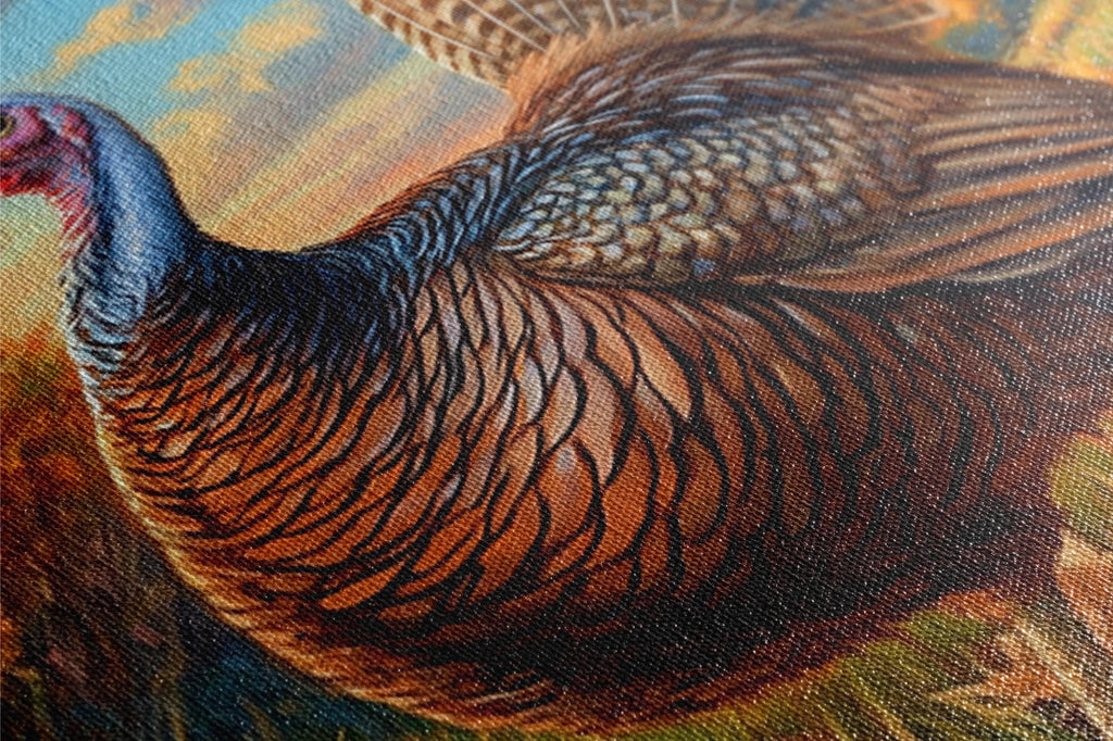 A close-up of a detailed painting of a turkey, with its feathers and intricate patterns clearly visible.