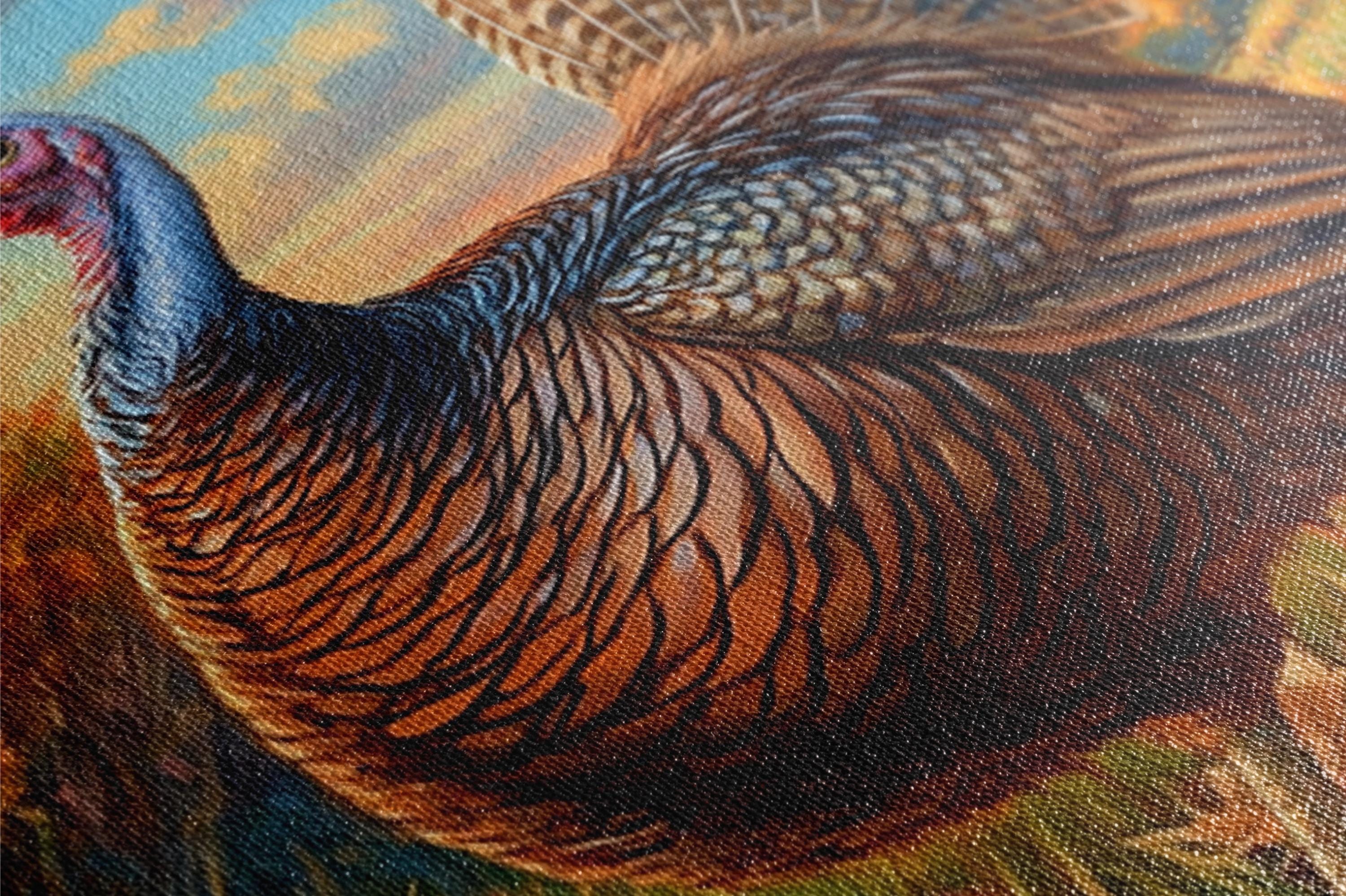 A close-up of a detailed painting of a turkey, with its feathers and intricate patterns clearly visible.