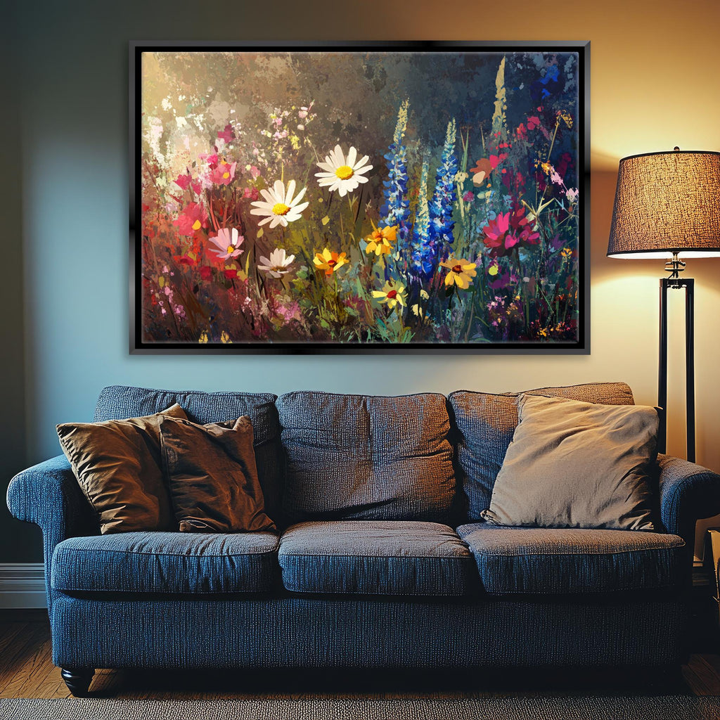 a living room with a couch and a painting on the wall