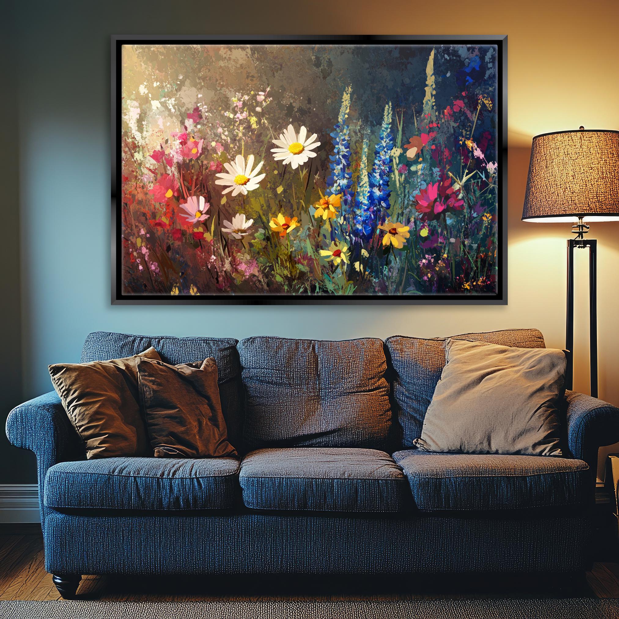 a living room with a couch and a painting on the wall