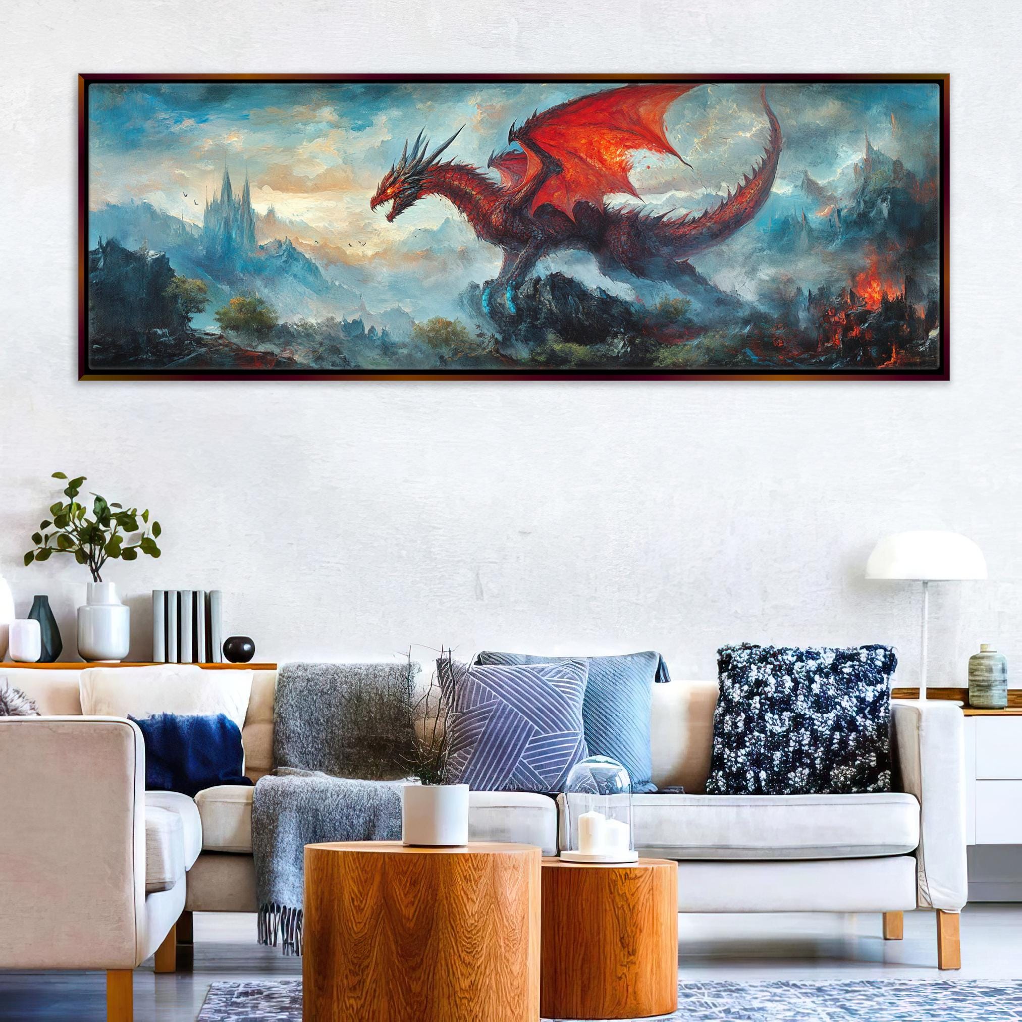 a living room with a couch and a painting on the wall