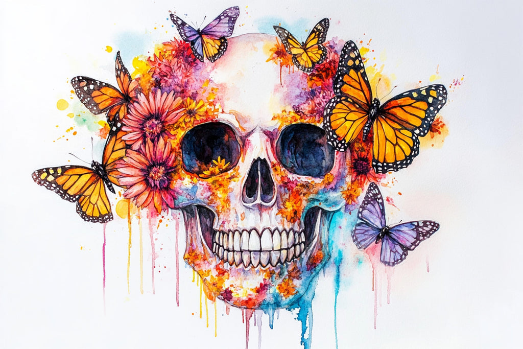 A colorful and vibrant illustration of a skull surrounded by butterflies and flowers, creating a striking and artistic composition.