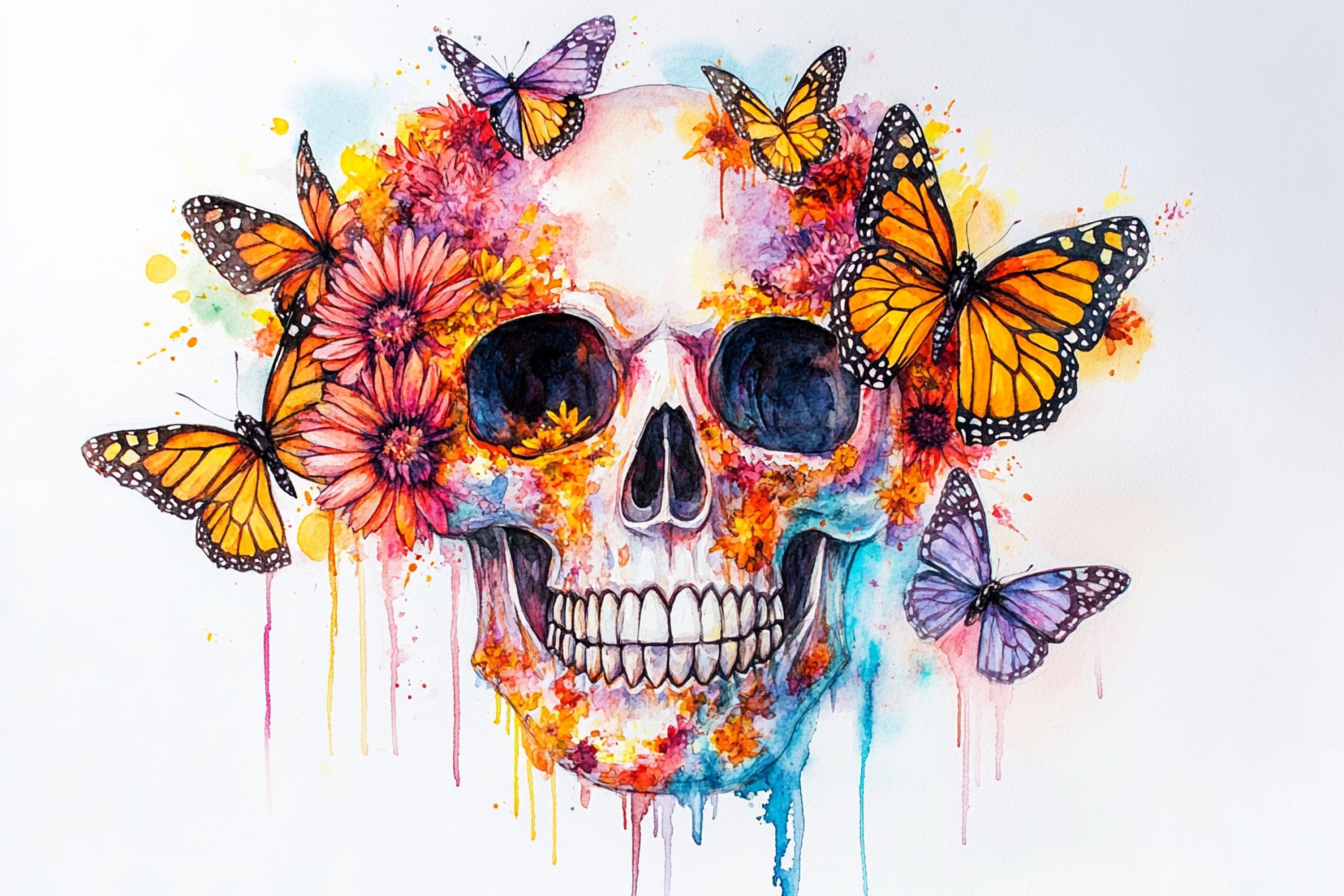 A colorful and vibrant illustration of a skull surrounded by butterflies and flowers, creating a striking and artistic composition.
