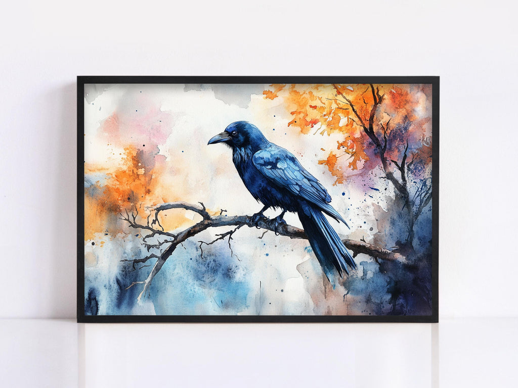A framed painting depicting a black bird perched on a branch, with vibrant orange and blue autumn foliage in the background.