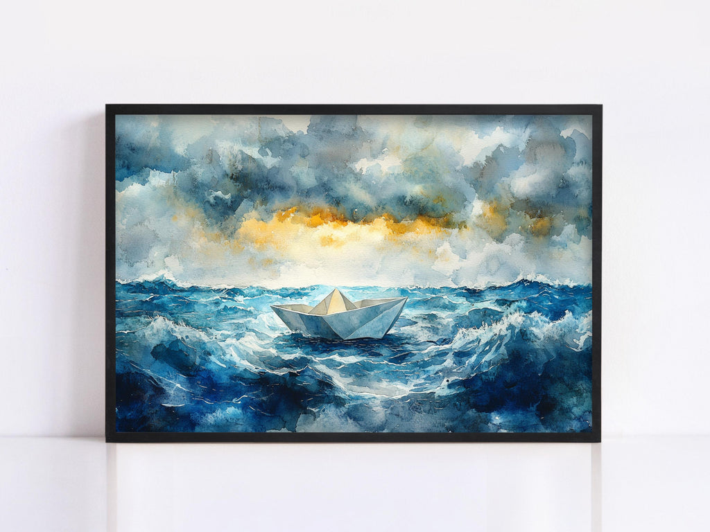 A watercolor painting depicting a small boat sailing on a stormy sea, with a dramatic sky filled with clouds and a bright light at the horizon.