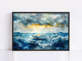 A watercolor painting depicting a small boat sailing on a stormy sea, with a dramatic sky filled with clouds and a bright light at the horizon.