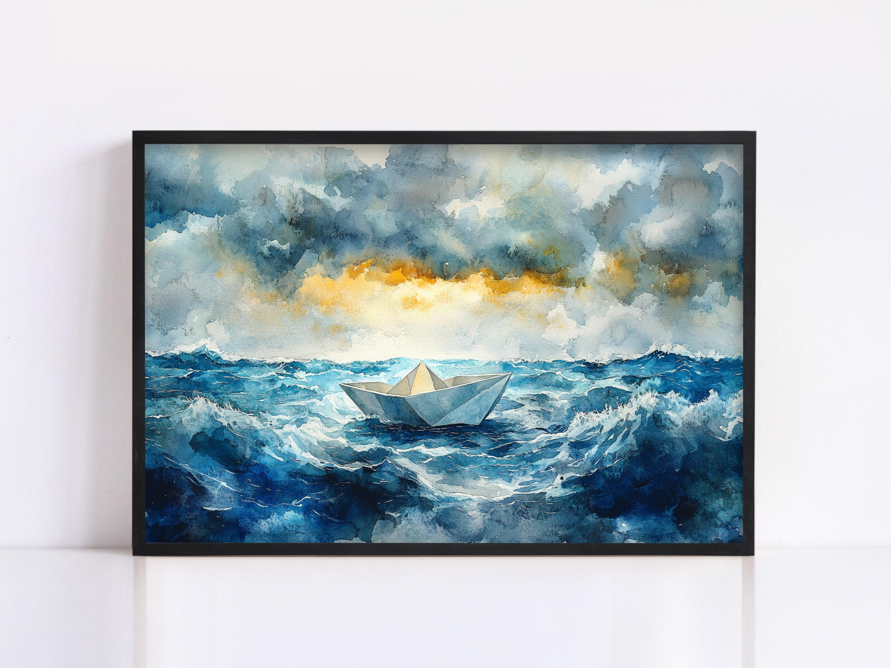 A watercolor painting depicting a small boat sailing on a stormy sea, with a dramatic sky filled with clouds and a bright light at the horizon.
