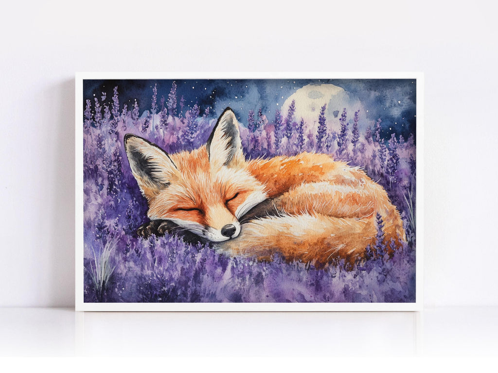 A painting of a sleeping fox curled up in a field of purple flowers, with a full moon in the background.