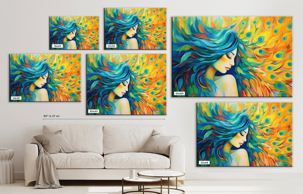 Peacock Feather Canvas - Elegant Woman Portrait Art | Large Gallery Ready Print