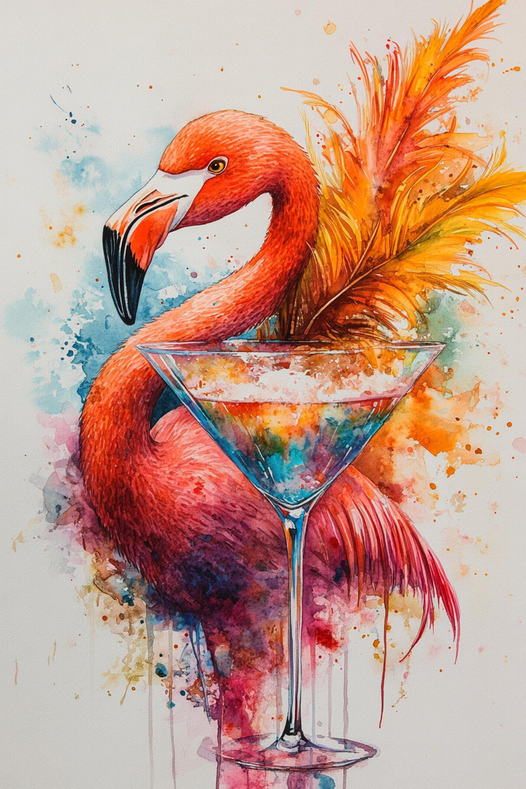 A vibrant painting depicting a flamingo standing next to a martini glass, with a splash of colors and a feather-like element.
