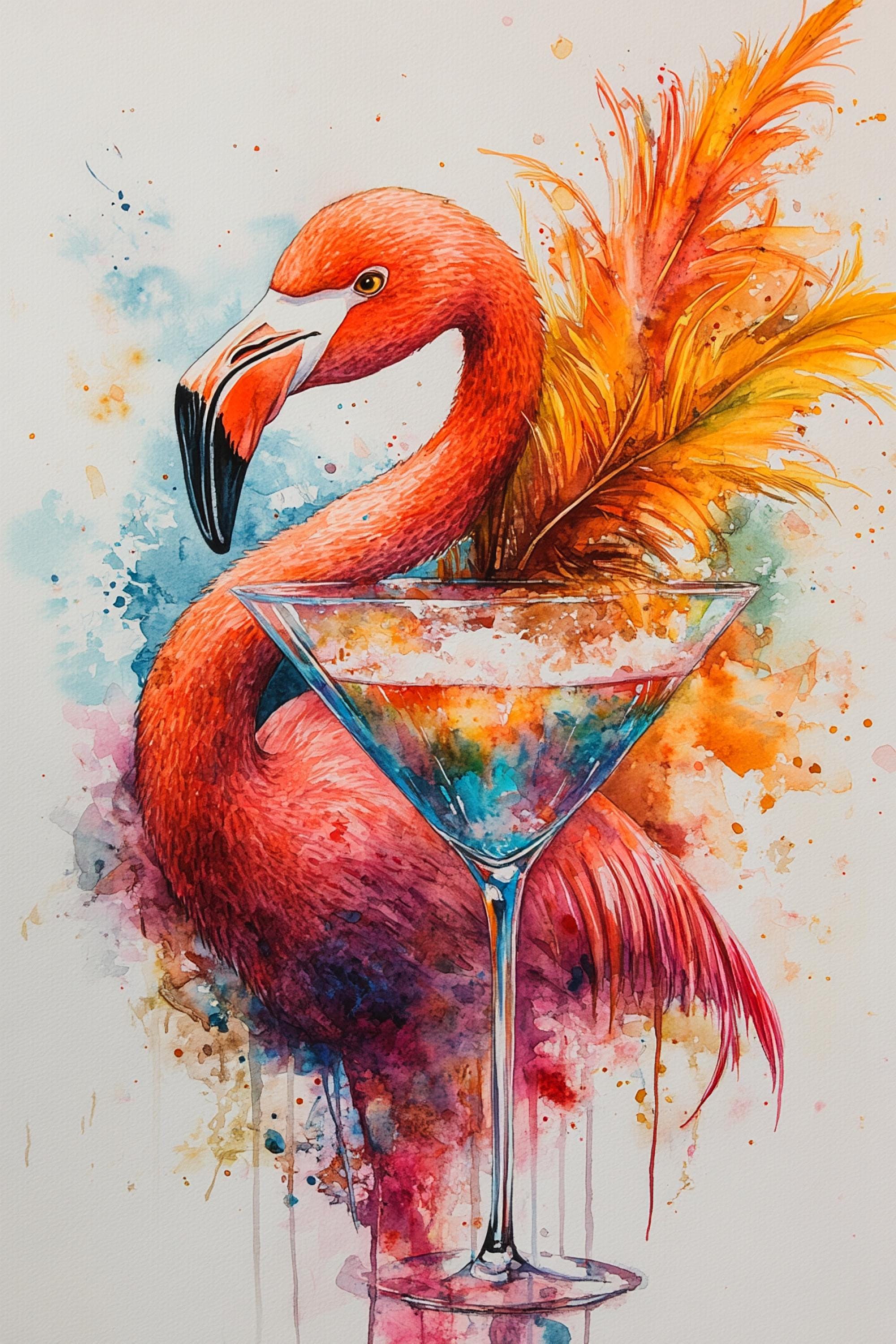 A vibrant painting depicting a flamingo standing next to a martini glass, with a splash of colors and a feather-like element.