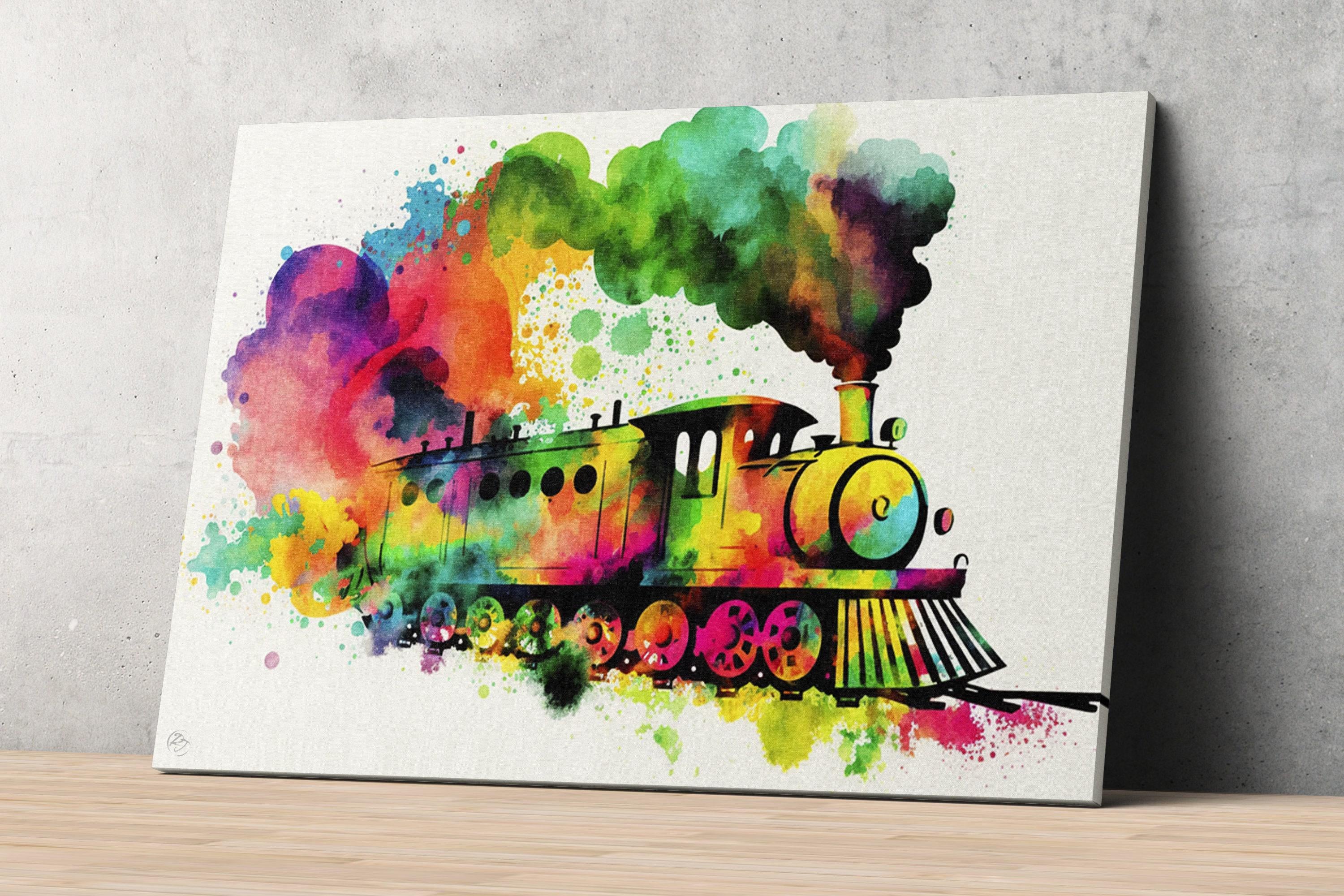 Steam Train Elegance: Watercolor Railroad Wall Decor, Giclee Print on Canvas, Artist Paper, Watercolor Paper, Available in Extra Large Sizes