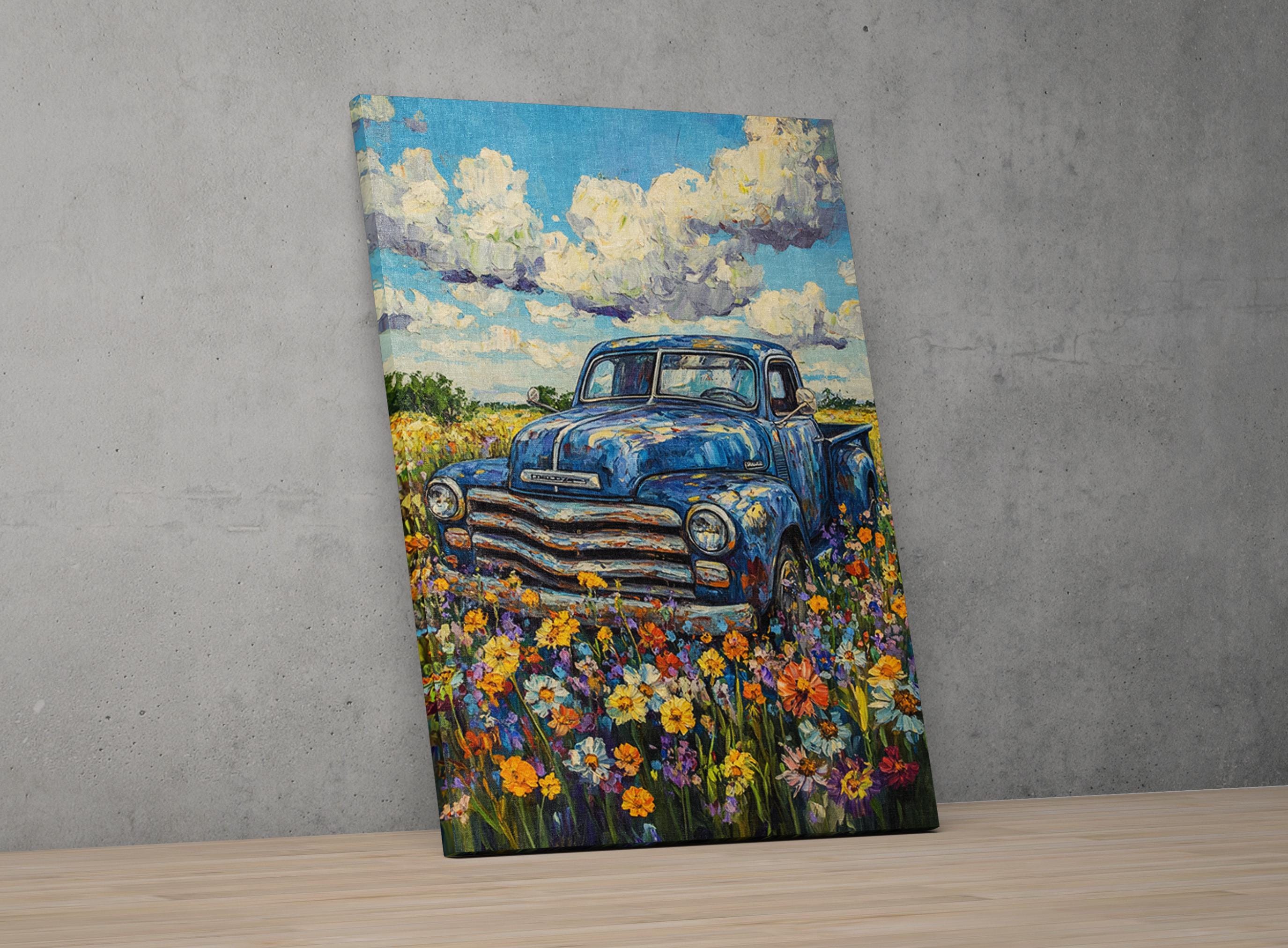 The image is a painting of an old blue pickup truck parked in a field of colorful flowers, set against a backdrop of a cloudy sky.