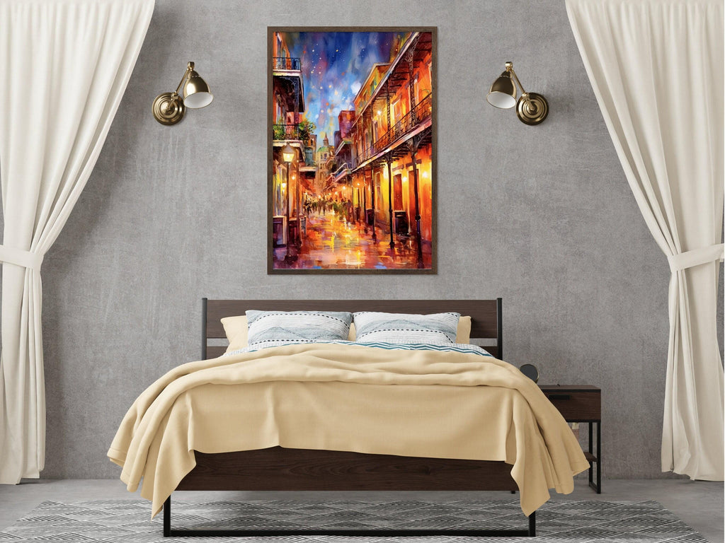 Bourbon Street Lights Watercolor – NOLA Wall Art, Giclee Print on Canvas, Artist Paper, Watercolor Paper, Available in Extra Large Sizes
