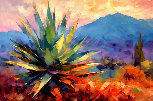 The image is a vibrant, colorful painting depicting a desert landscape with a large cactus plant in the foreground. The background features a mountainous landscape under a colorful sky.