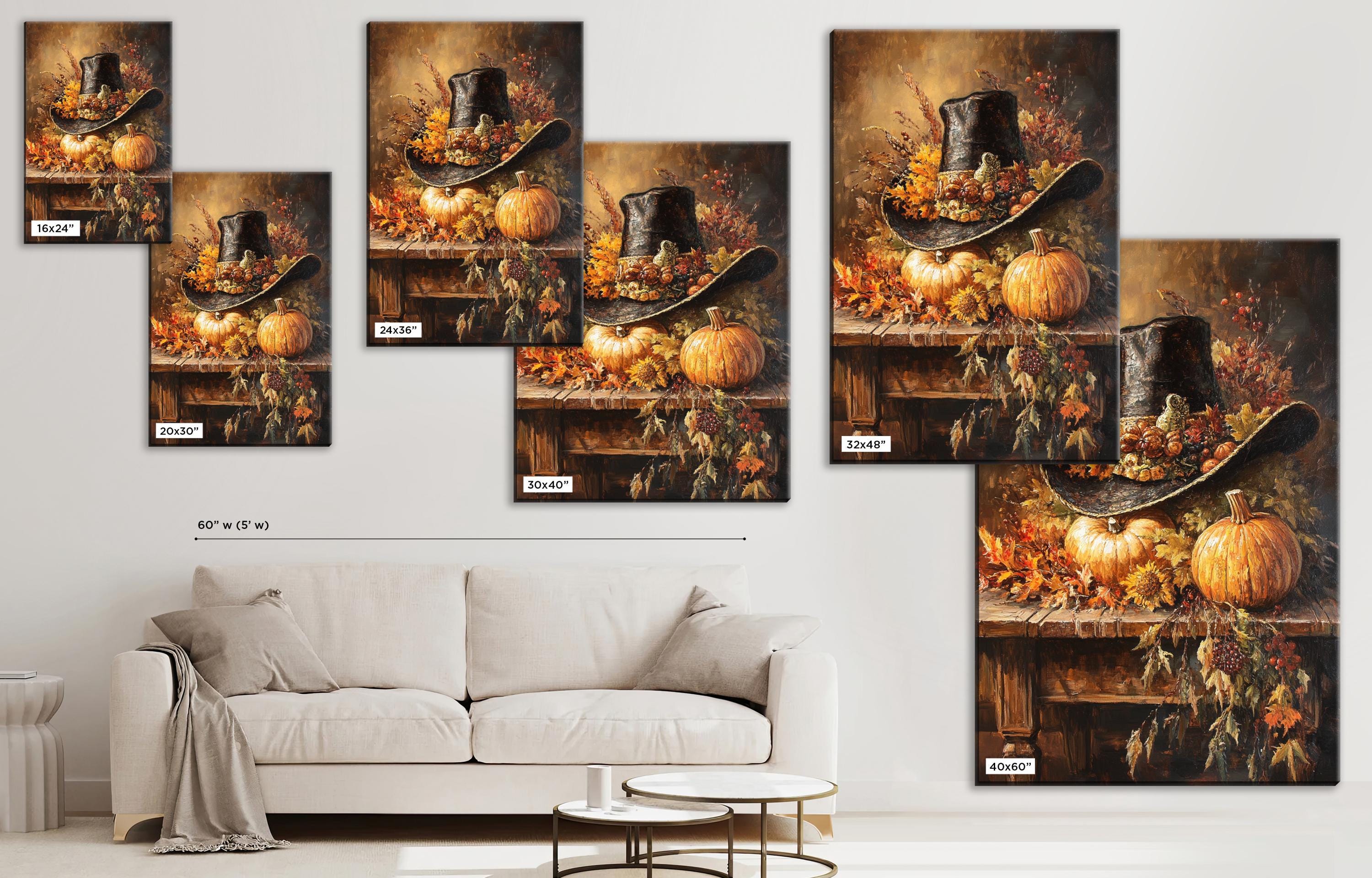 The image is a collage of multiple images depicting a festive autumn scene with pumpkins, a cowboy hat, and other fall-themed elements.
