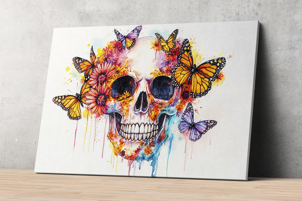 A colorful and vibrant painting of a skull surrounded by butterflies and flowers, creating a striking and eye-catching design.