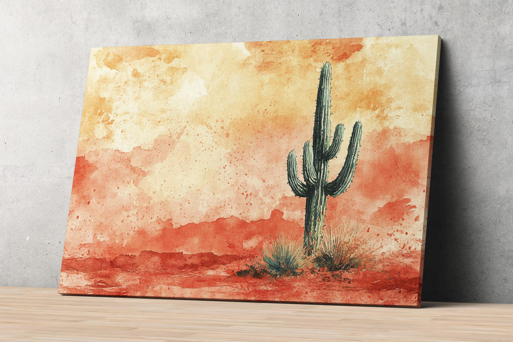 a cactus standing in a desert landscape with a warm, orange and red background.