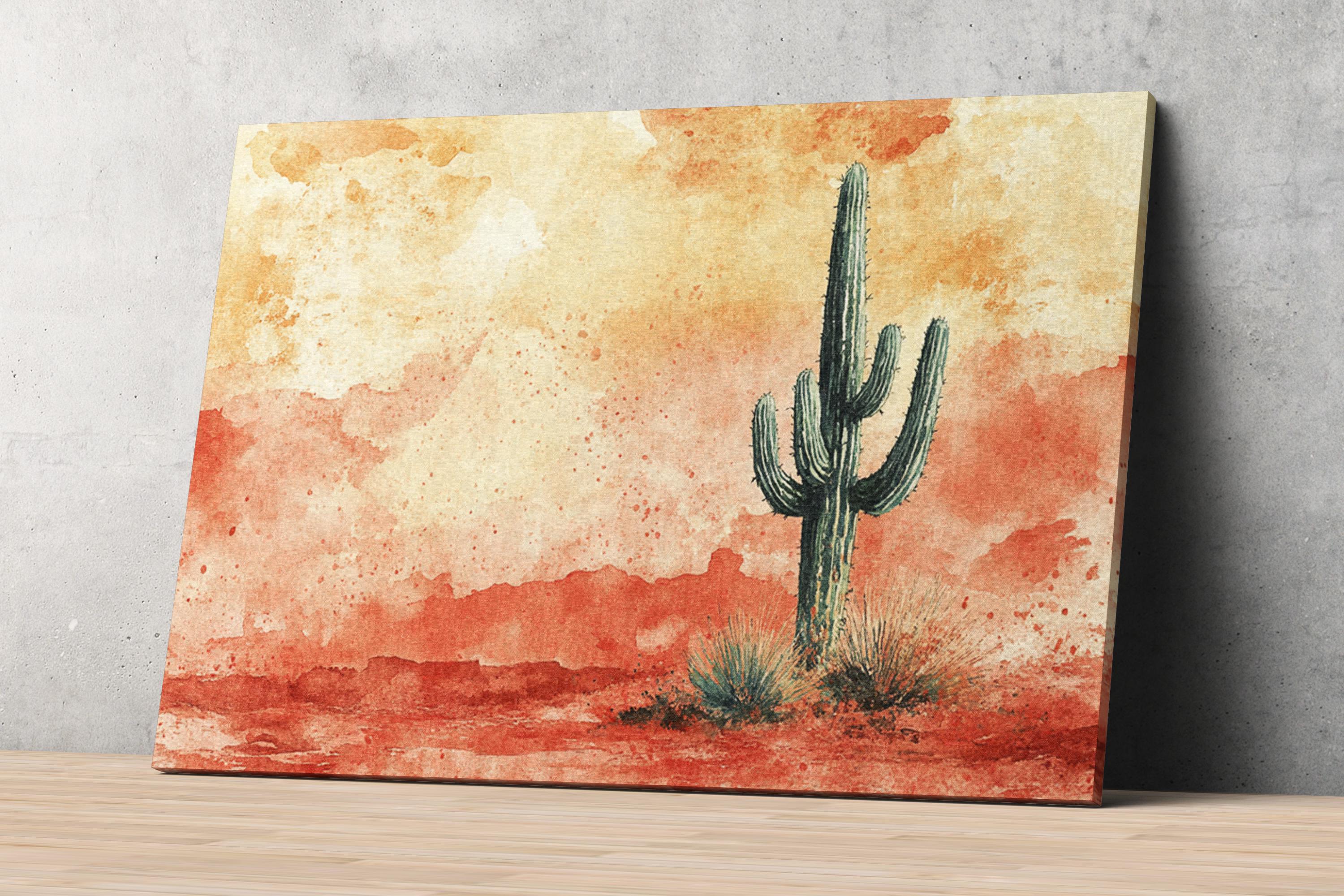 a cactus standing in a desert landscape with a warm, orange and red background.