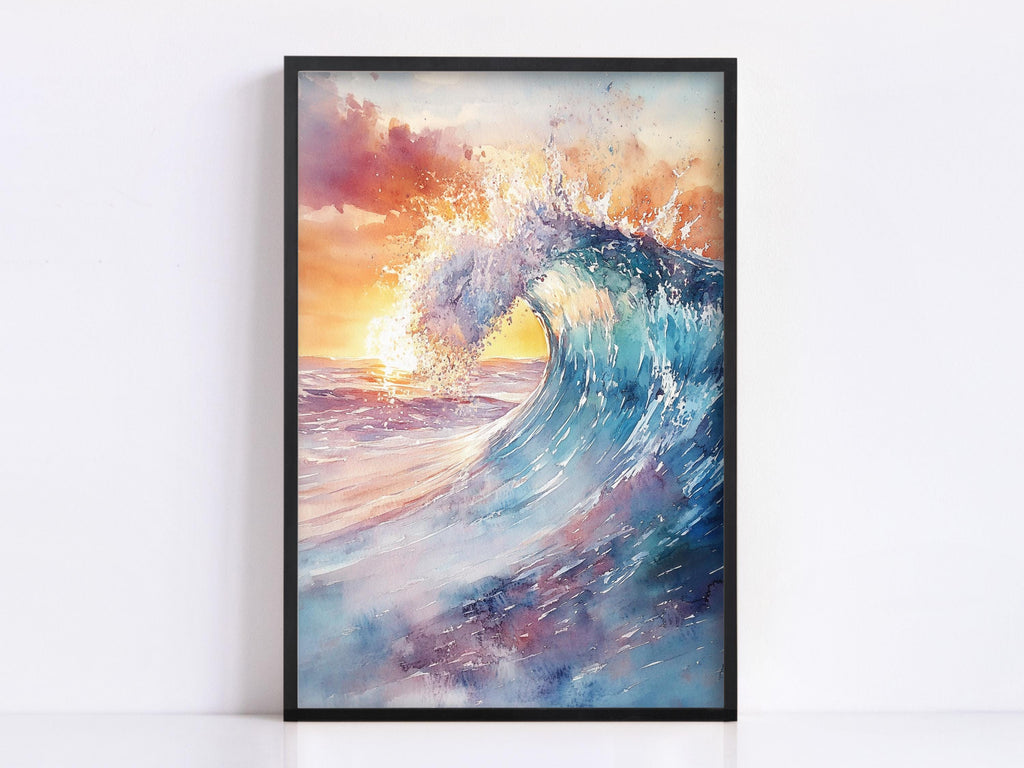 The image is a framed painting depicting a large, crashing wave with a vibrant sunset in the background.