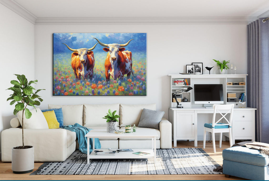 Texas Longhorn Canvas Art - Bluebonnet Painting | Large Western Wall Art Decor