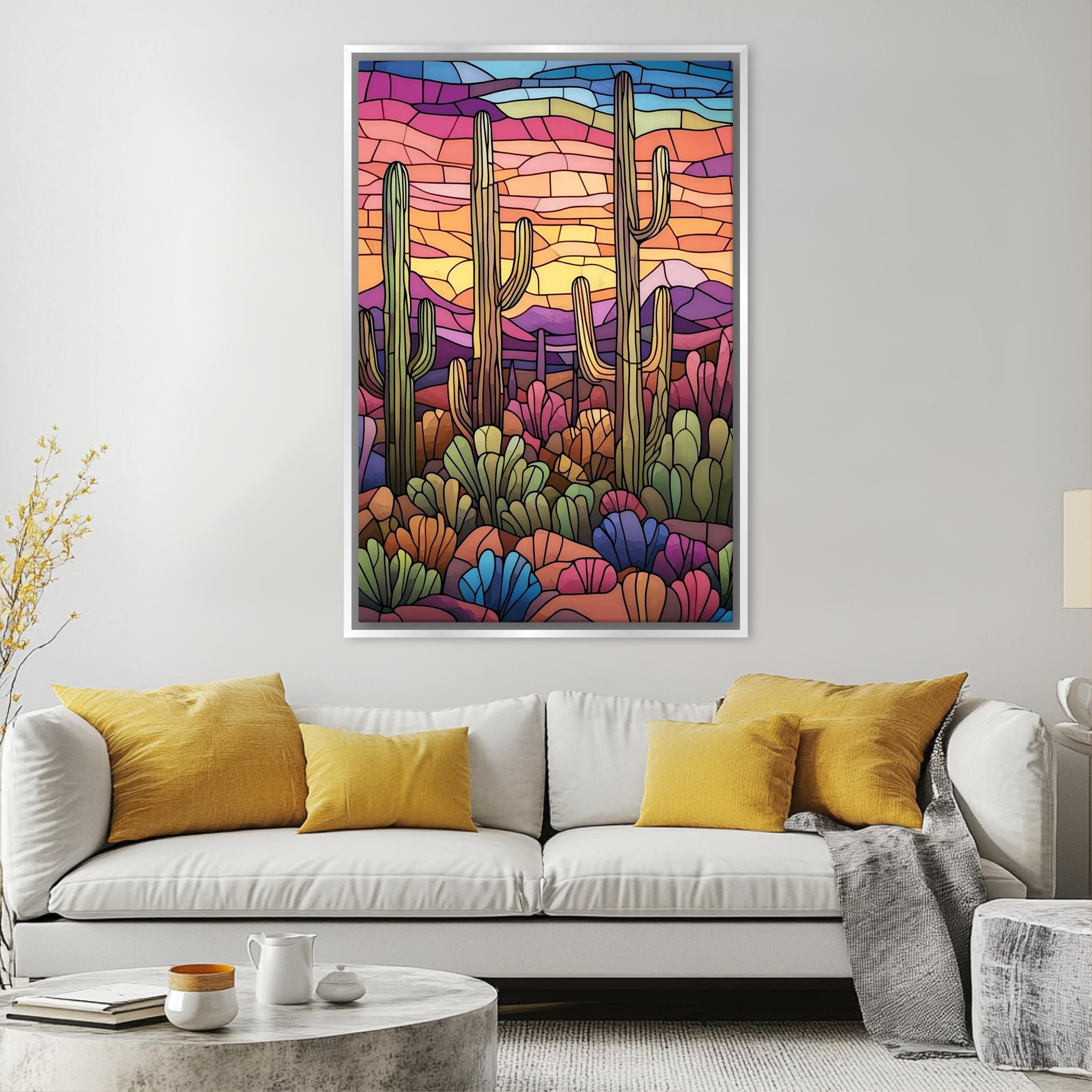 a living room with a couch and a painting on the wall