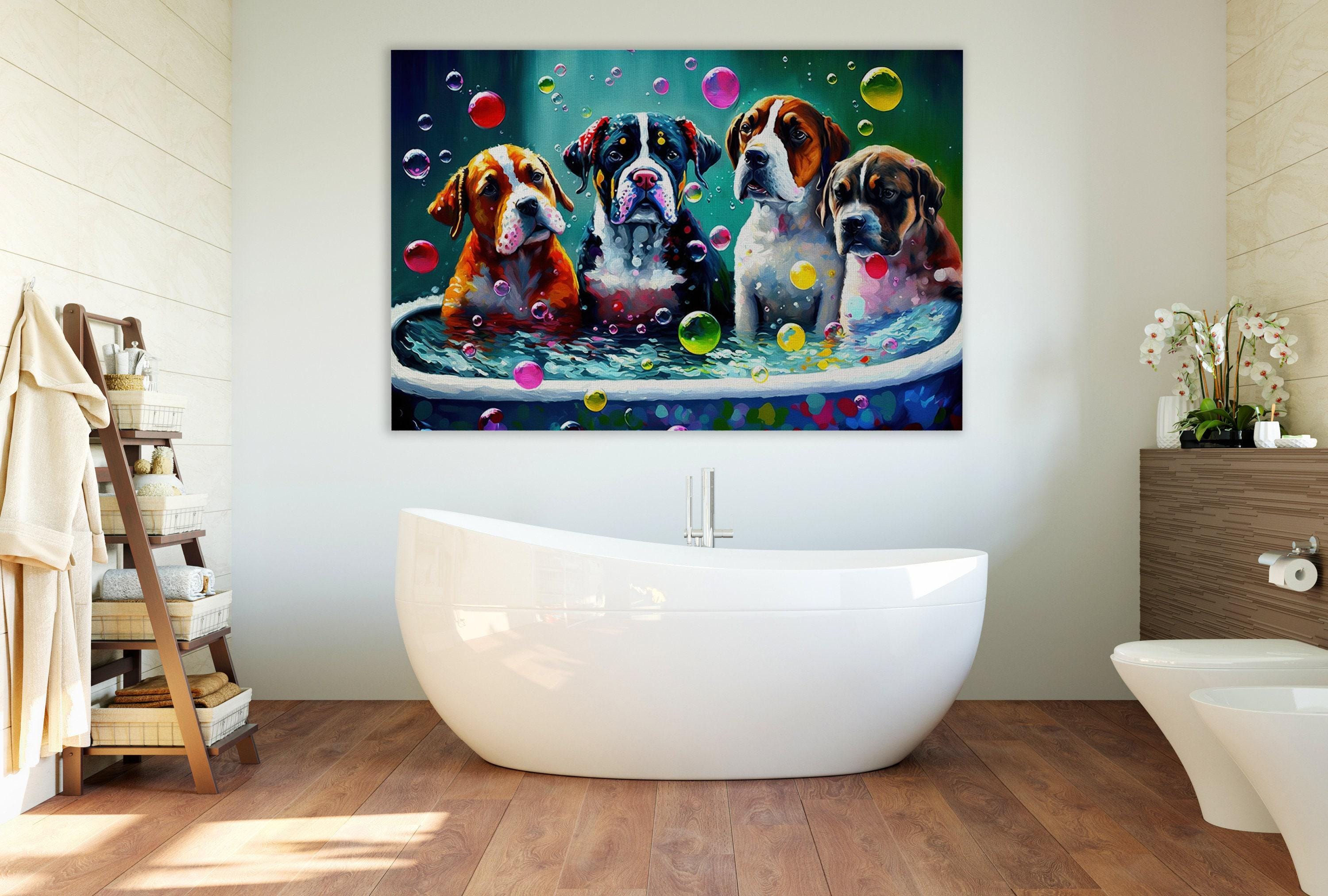 Dog Bath Canvas – Vibrant Colorful Dogs Playing Art on Gallery Ready Canvas