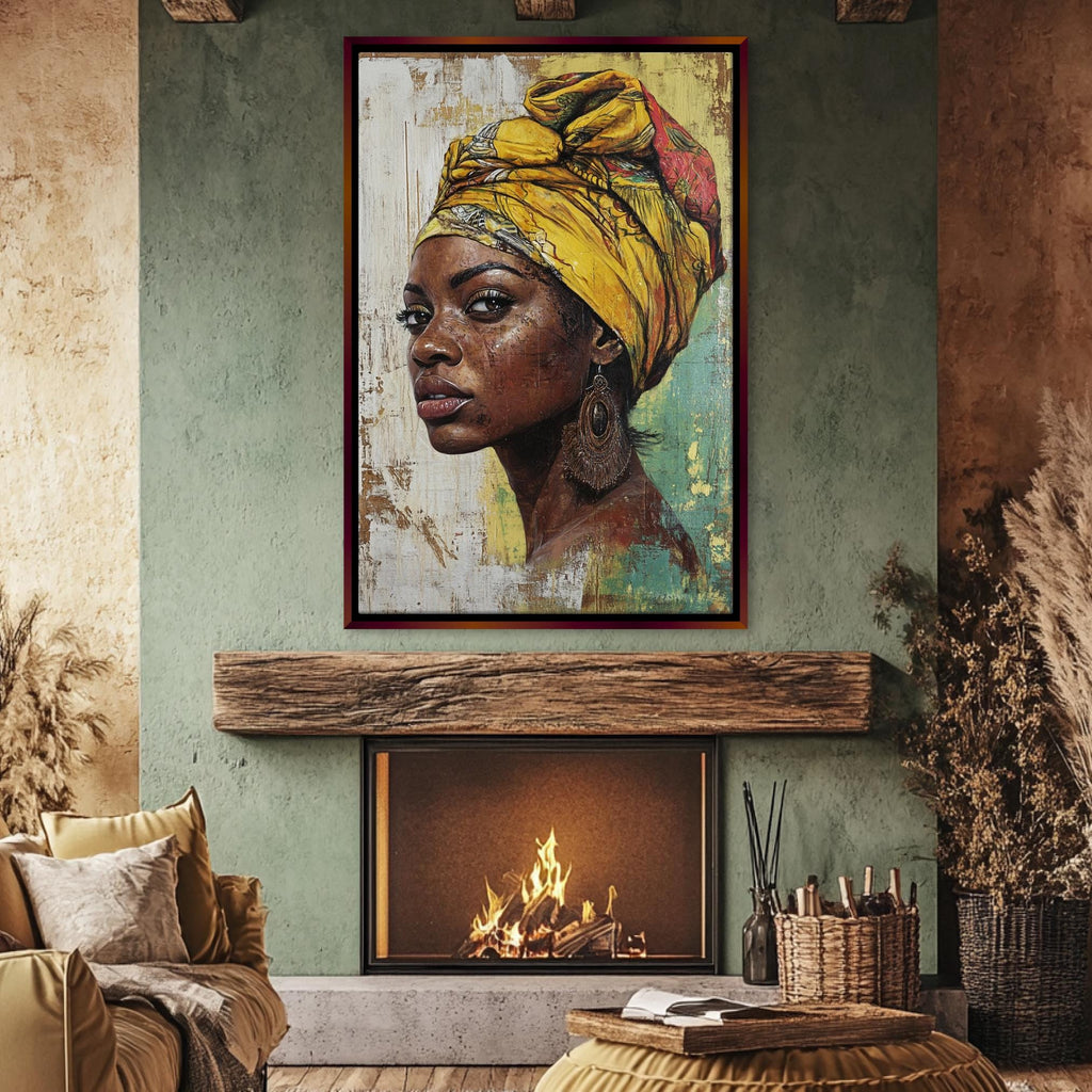 a painting of a woman in a turban hangs above a fireplace