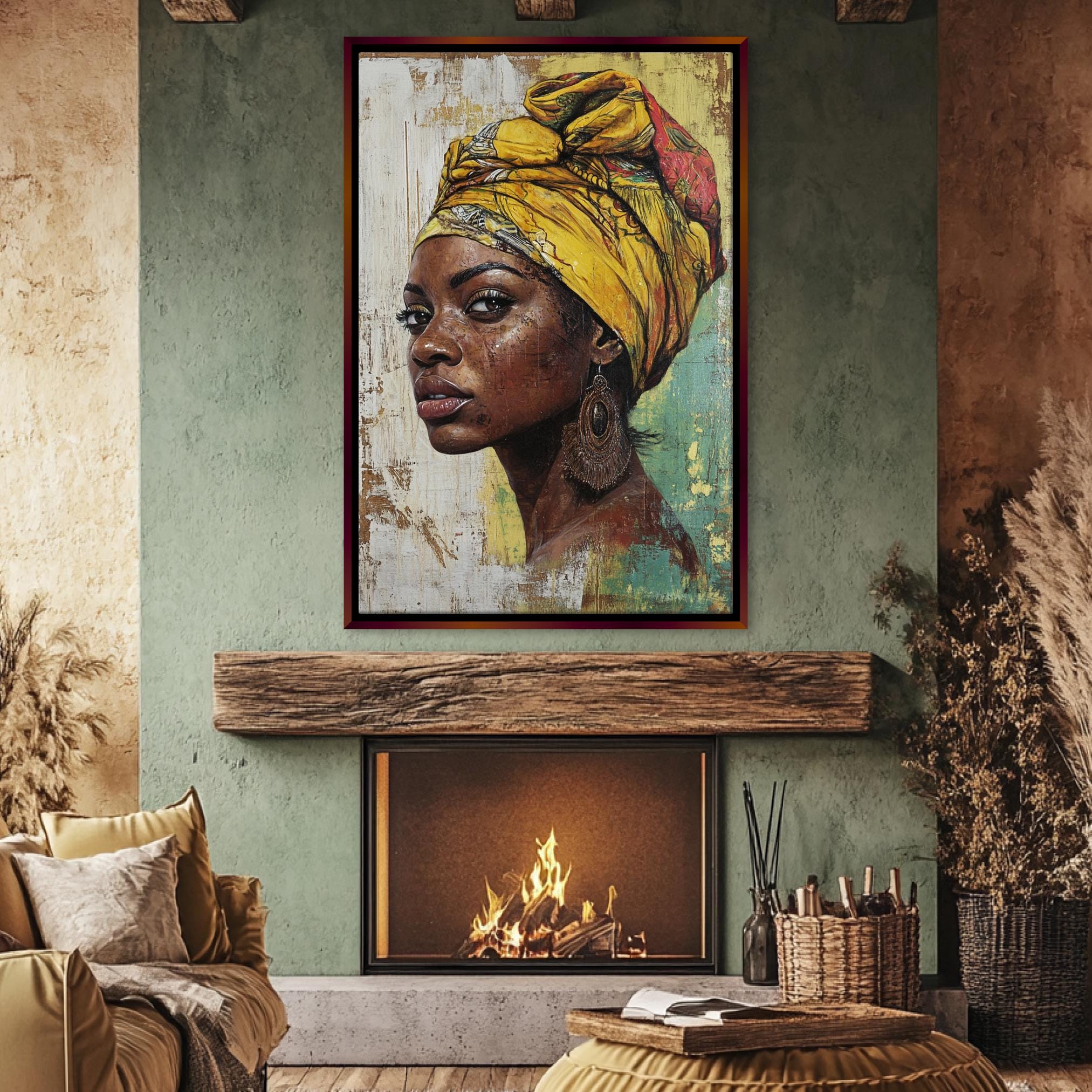 a painting of a woman in a turban hangs above a fireplace
