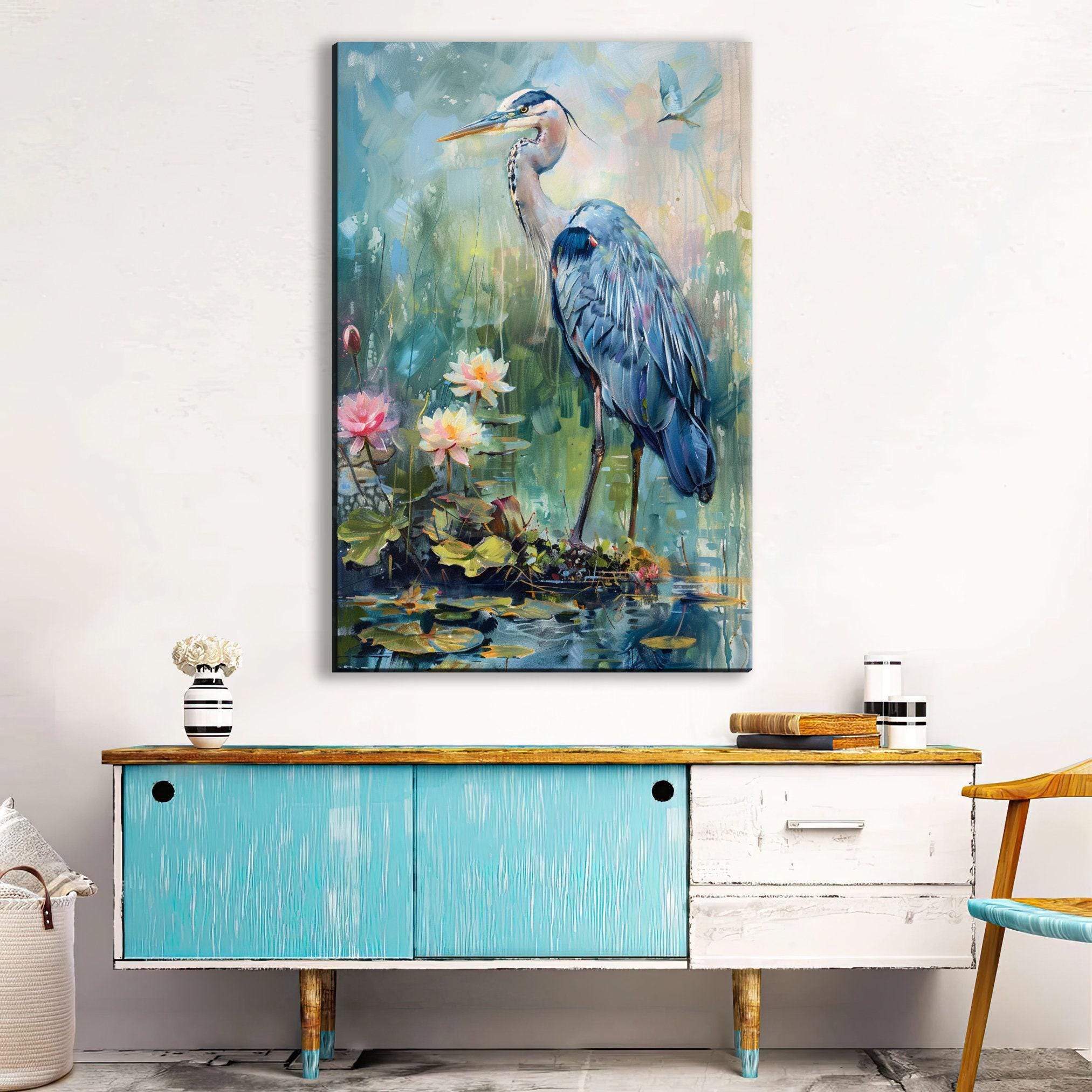 Blue Heron Wall Art – Large Coastal Canvas Art | Wetland Sanctuary Print on Gallery Wrapped Canvas