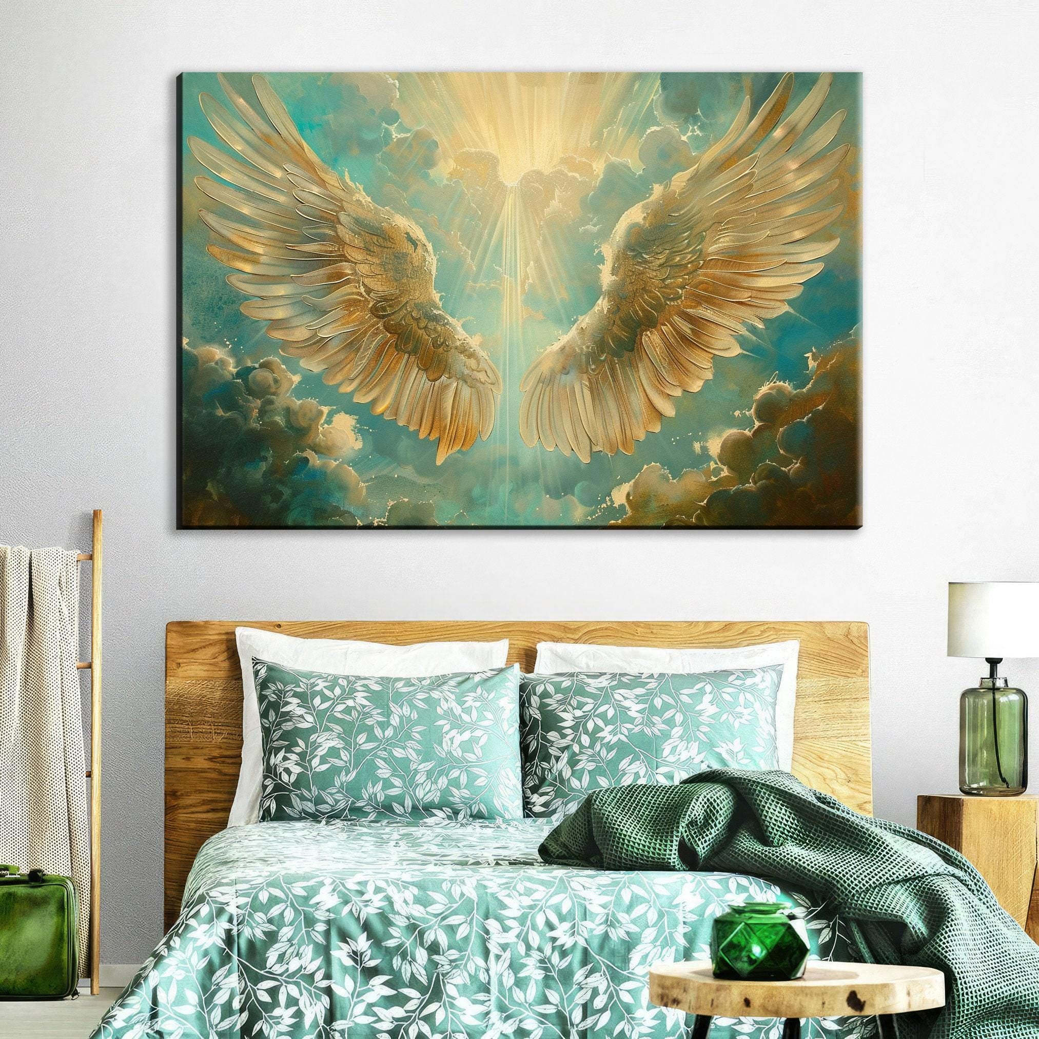 Angel Wings Art – Large Canvas Print | Heavenly Sun Rays | Christian Wall Decor
