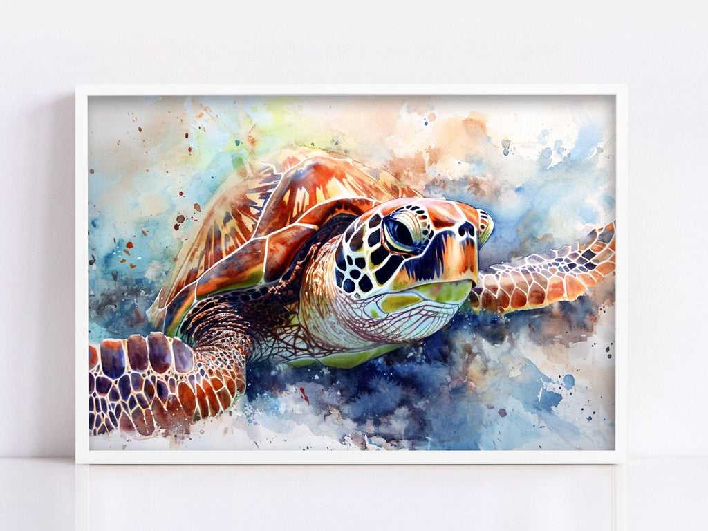 Playful Sea Turtle Watercolor Wall Art, Giclee Print on Canvas, Artist Paper, Watercolor Paper, Available in Extra Large Sizes
