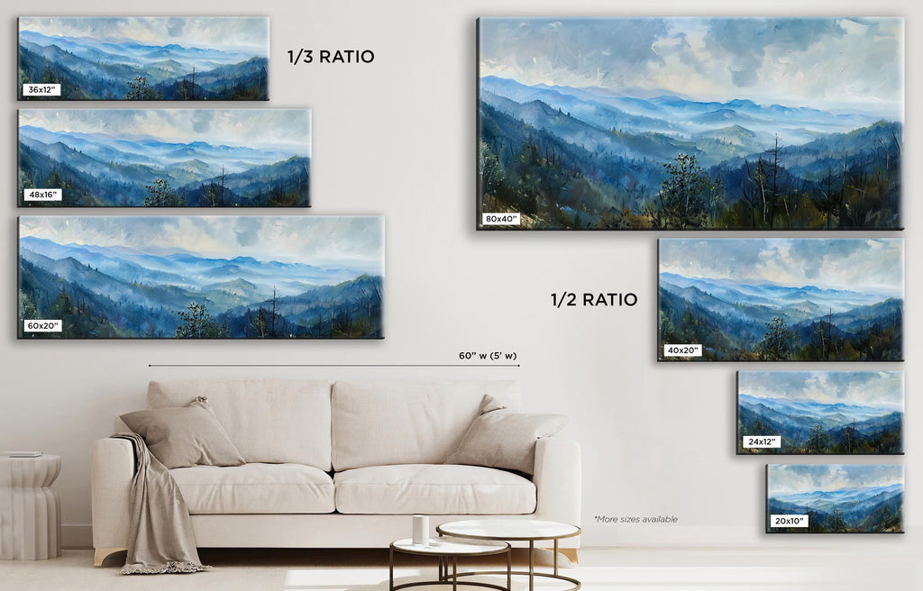a living room with a white couch and paintings on the wall