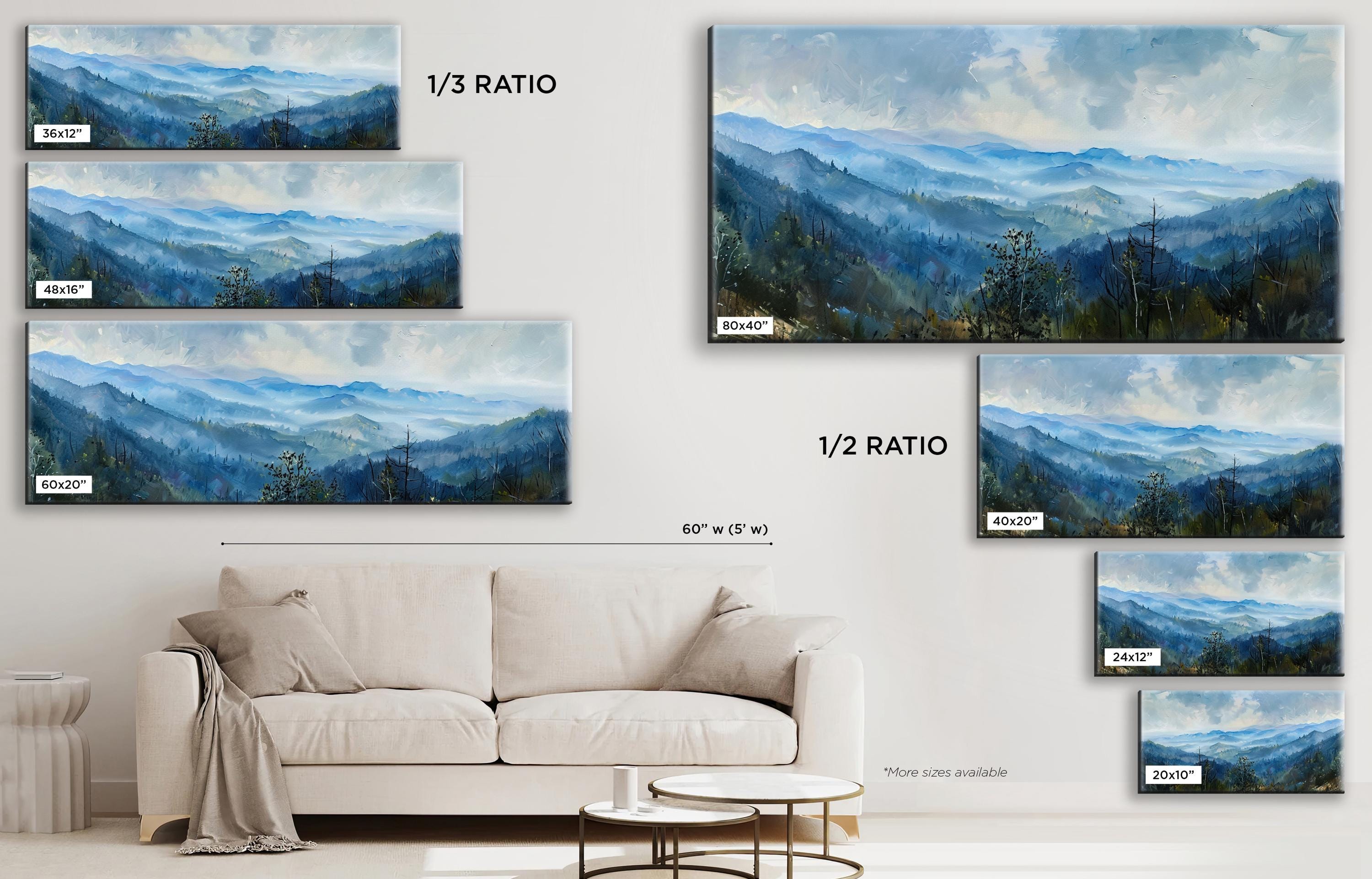 a living room with a white couch and paintings on the wall