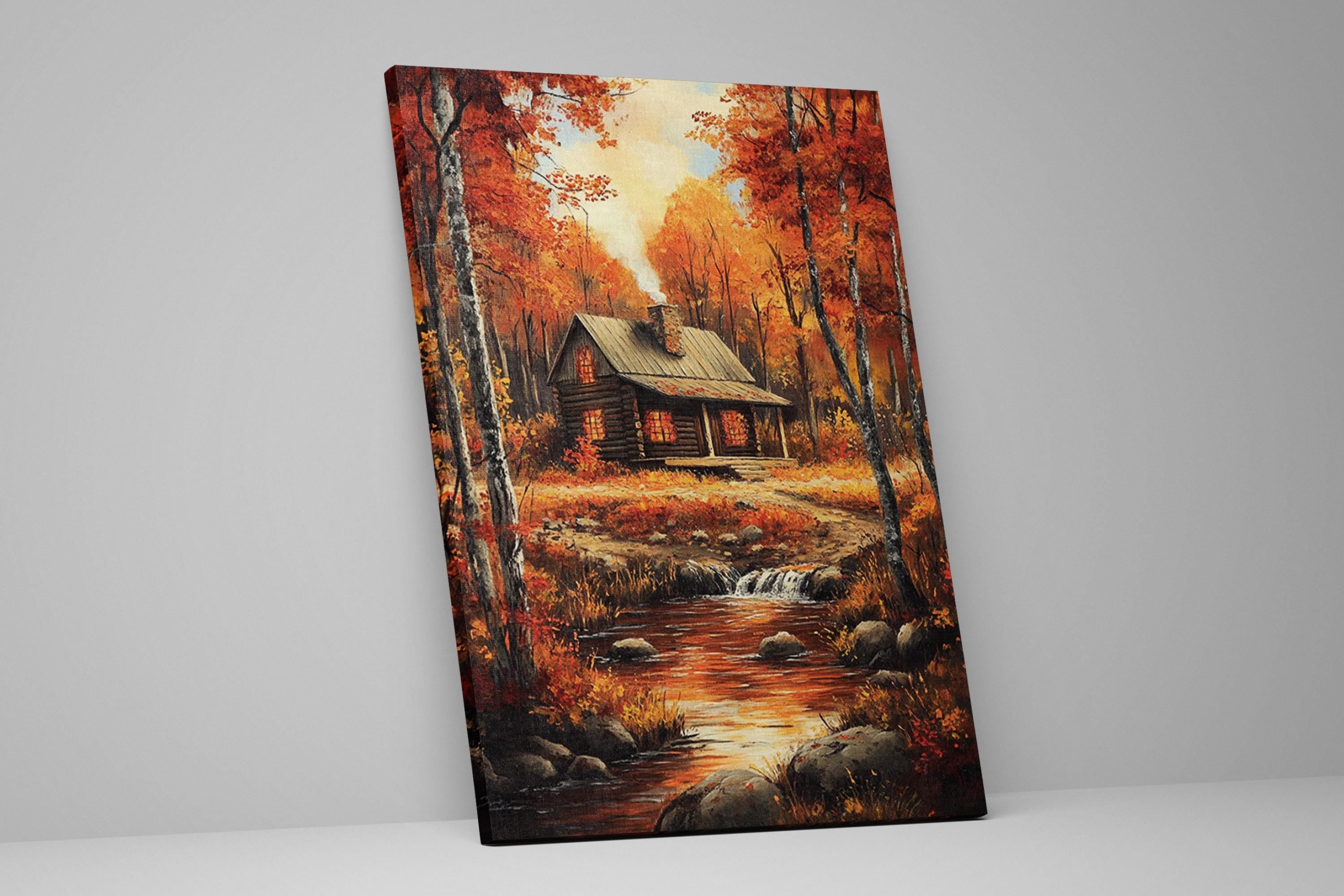 a rustic cabin nestled in a picturesque autumn forest, with a stream flowing nearby and the trees displaying vibrant orange and red foliage.