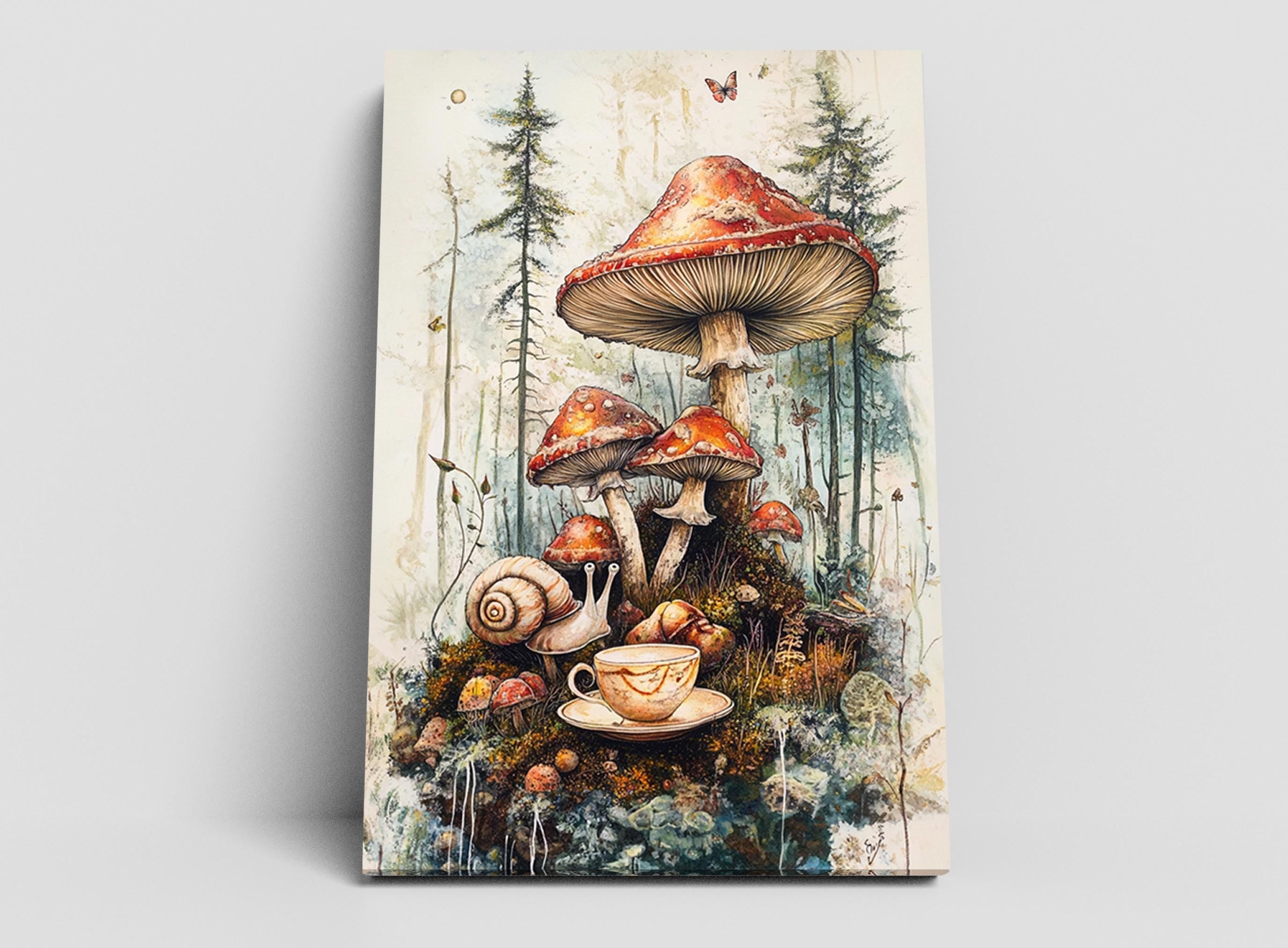 The image is a painting depicting a whimsical scene with mushrooms, snails, and a cup of tea, all set against a forest backdrop.