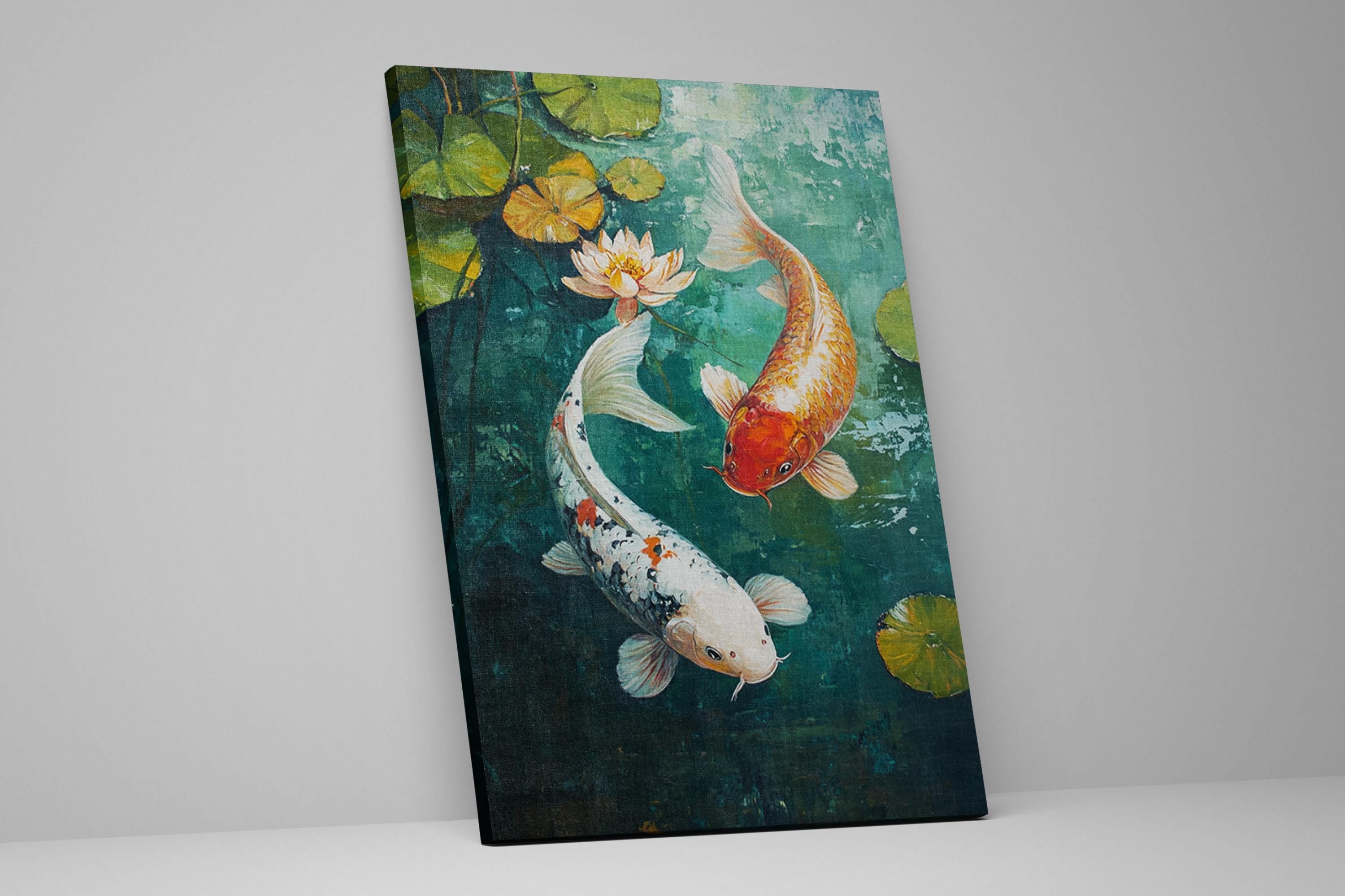 a painting of two koi fish swimming in a pond