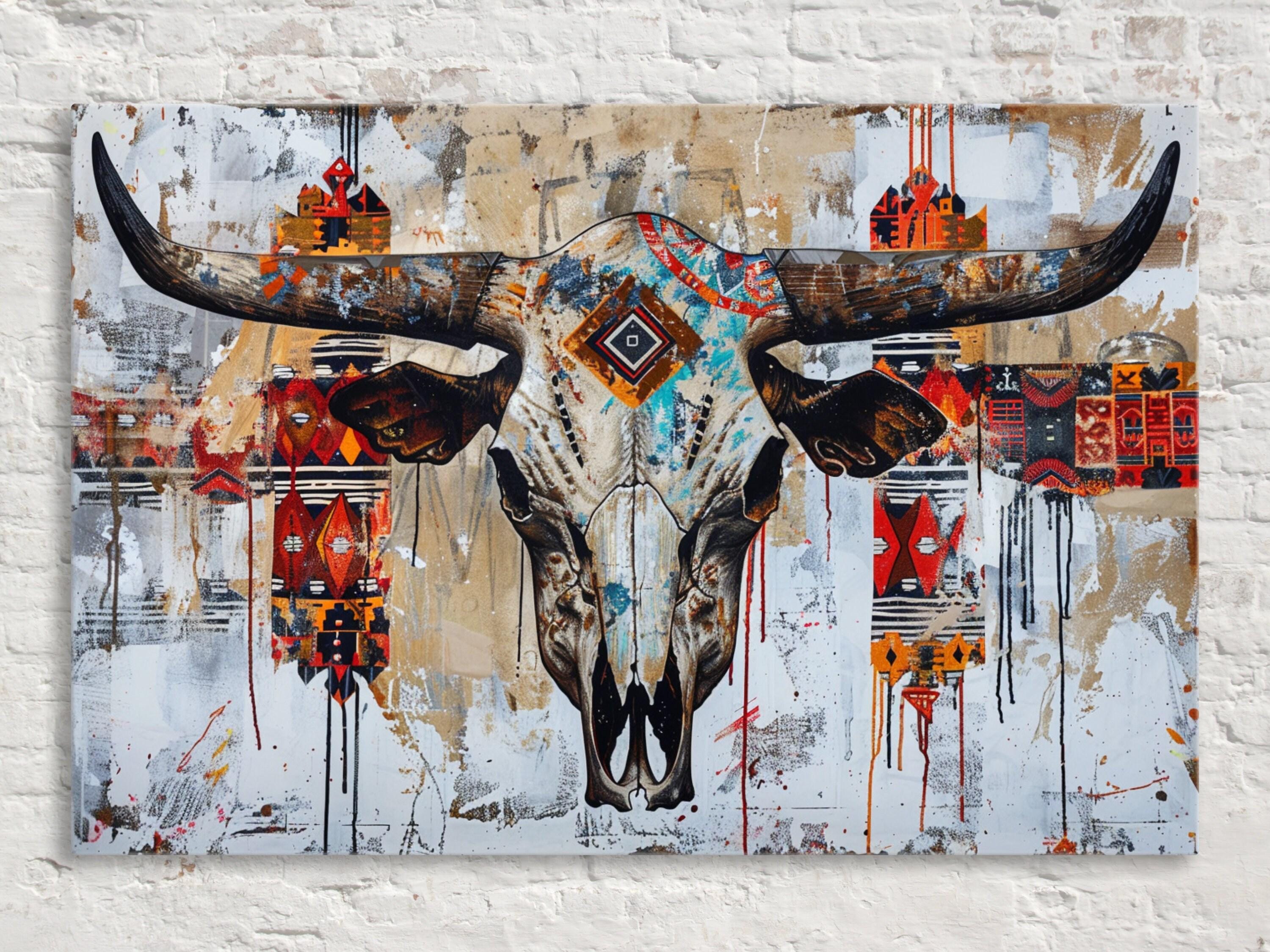 Native Cow Skull Art – Large Canvas Wall Art | Abstract Tribal Pattern Print