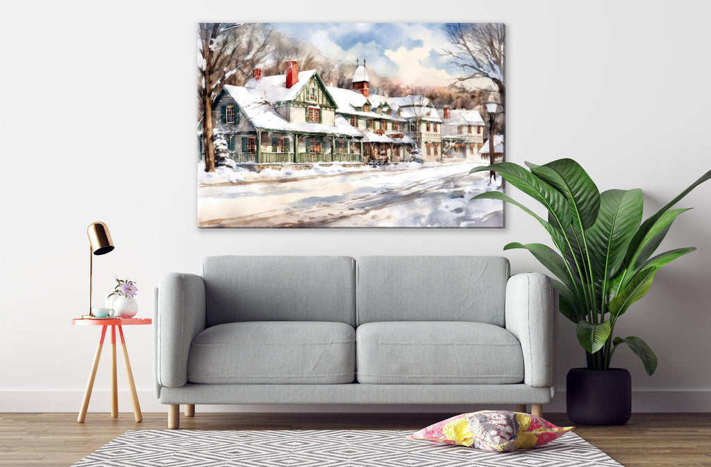 Traditional Christmas Scene Watercolor Art - Snowy Winter, Print on Canvas, Artist Paper, Watercolor Paper, Available in Extra Large Sizes