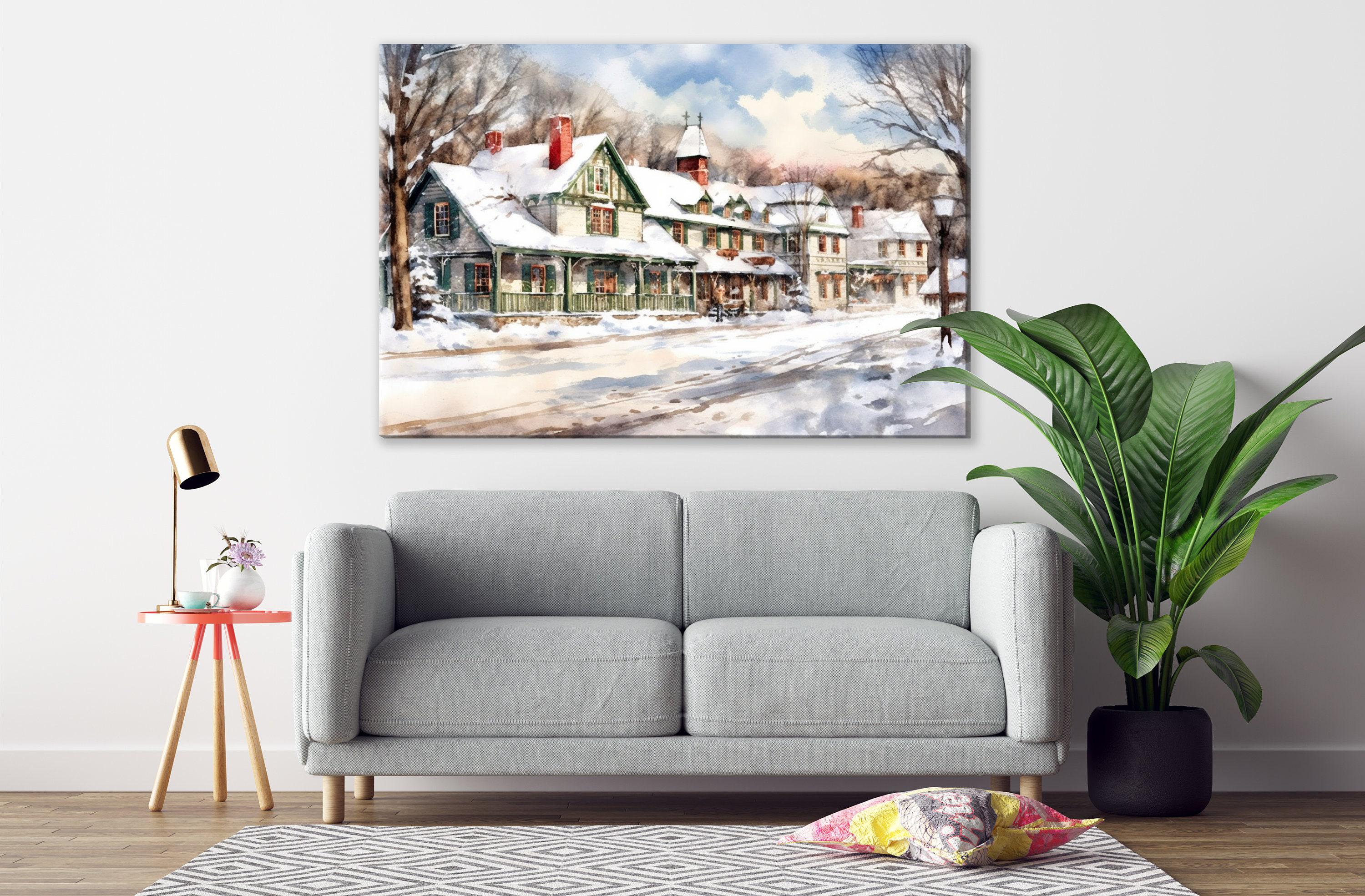Traditional Christmas Scene Watercolor Art - Snowy Winter, Print on Canvas, Artist Paper, Watercolor Paper, Available in Extra Large Sizes