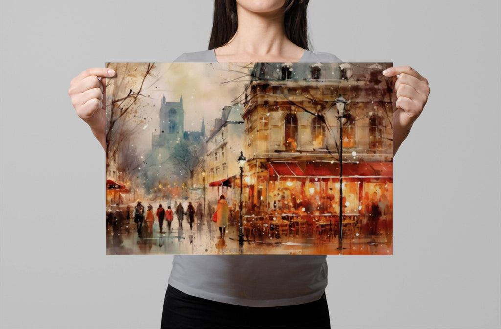 Winter in Paris Watercolor Painting - Holiday Art, Giclee Print on Canvas, Artist Paper, Watercolor Paper, Available in Extra Large Sizes